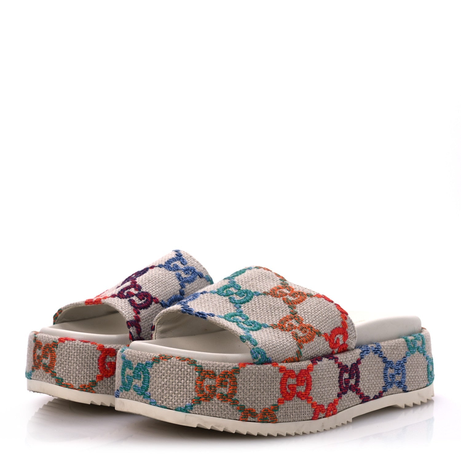 Gucci Linen Psychedelic Mini GG Monogram Angelina Platform 55mm Slide Sandals 36 Multicolor