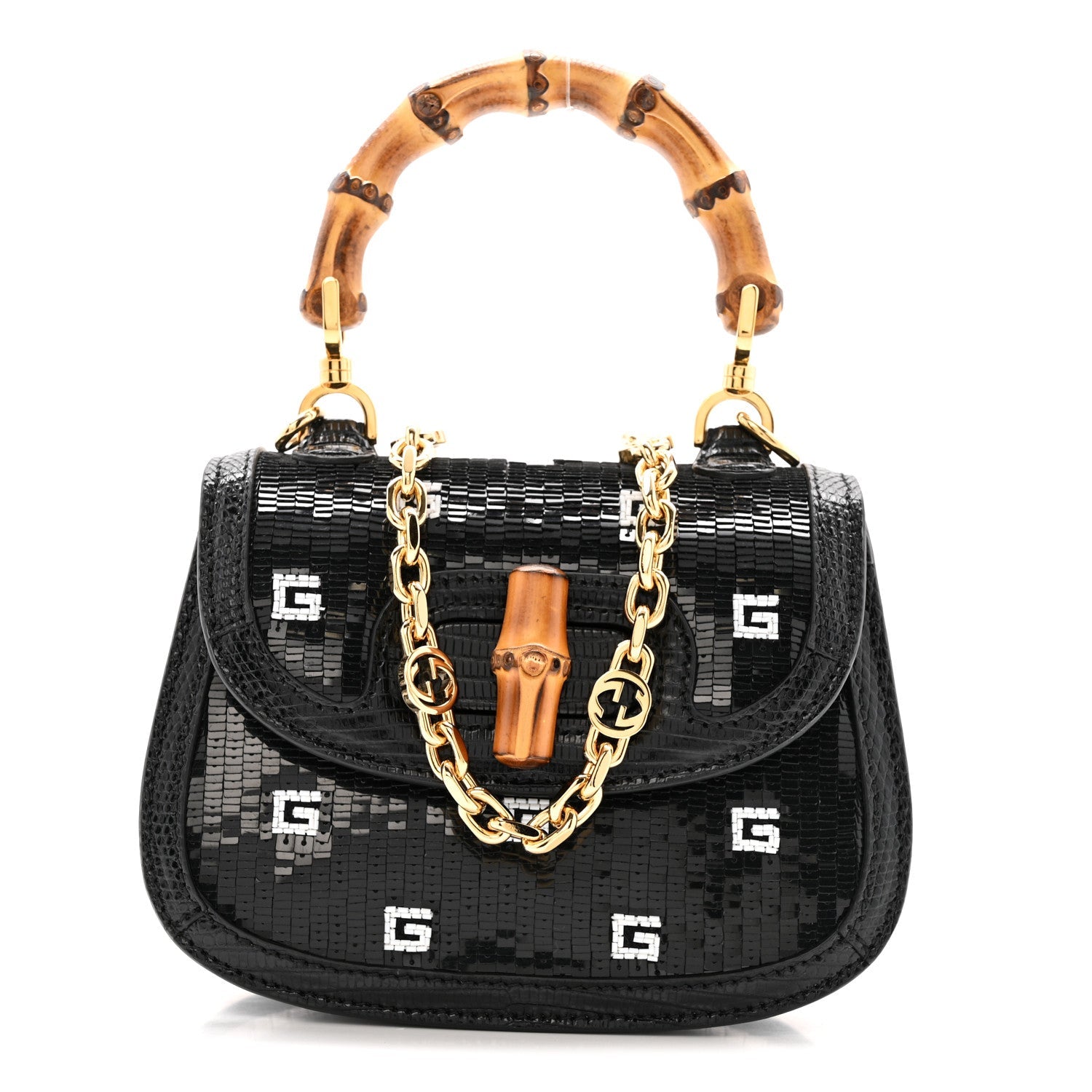 Gucci Sequin Lizard Embossed GG Mini Bamboo 1947 Top Handle Chain Bag Black White