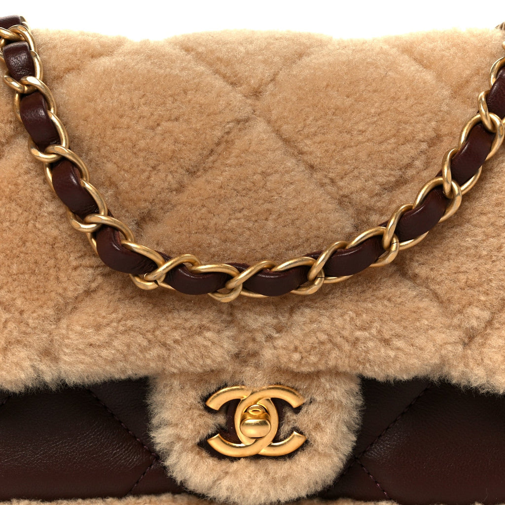 Chanel Shearling Lambskin Quilted Mini Furry Coco Flap Beige Dark Brown