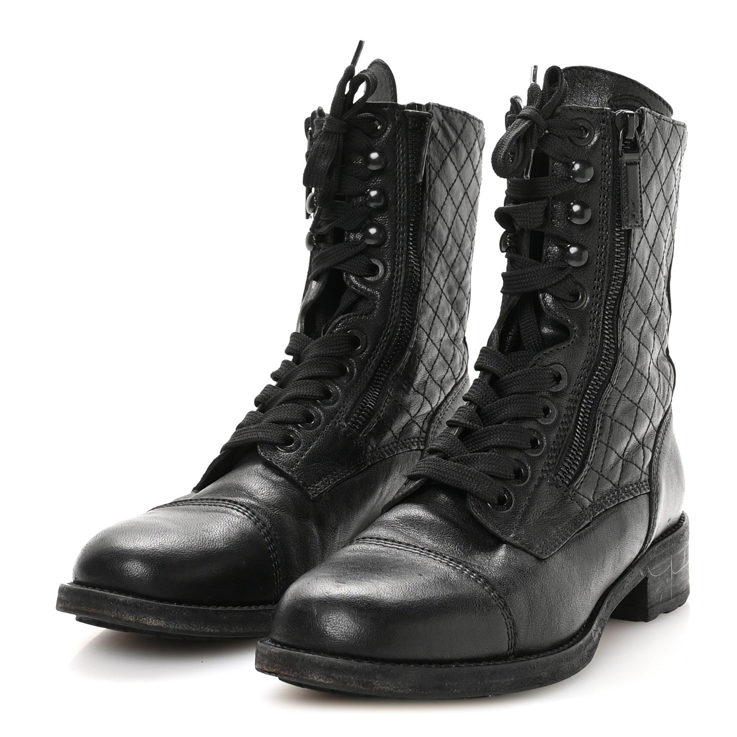 Chanel Sheepskin Quilted CC Tall Lace Up Combat Boots 38.5 Black
