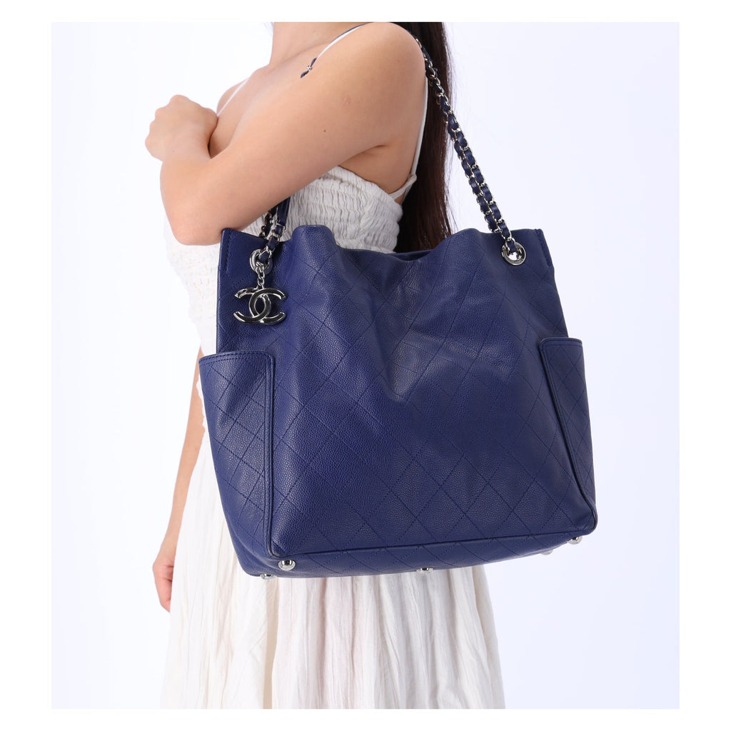 Chanel Grained Calfskin Stitched CC Pocket Tote Blue