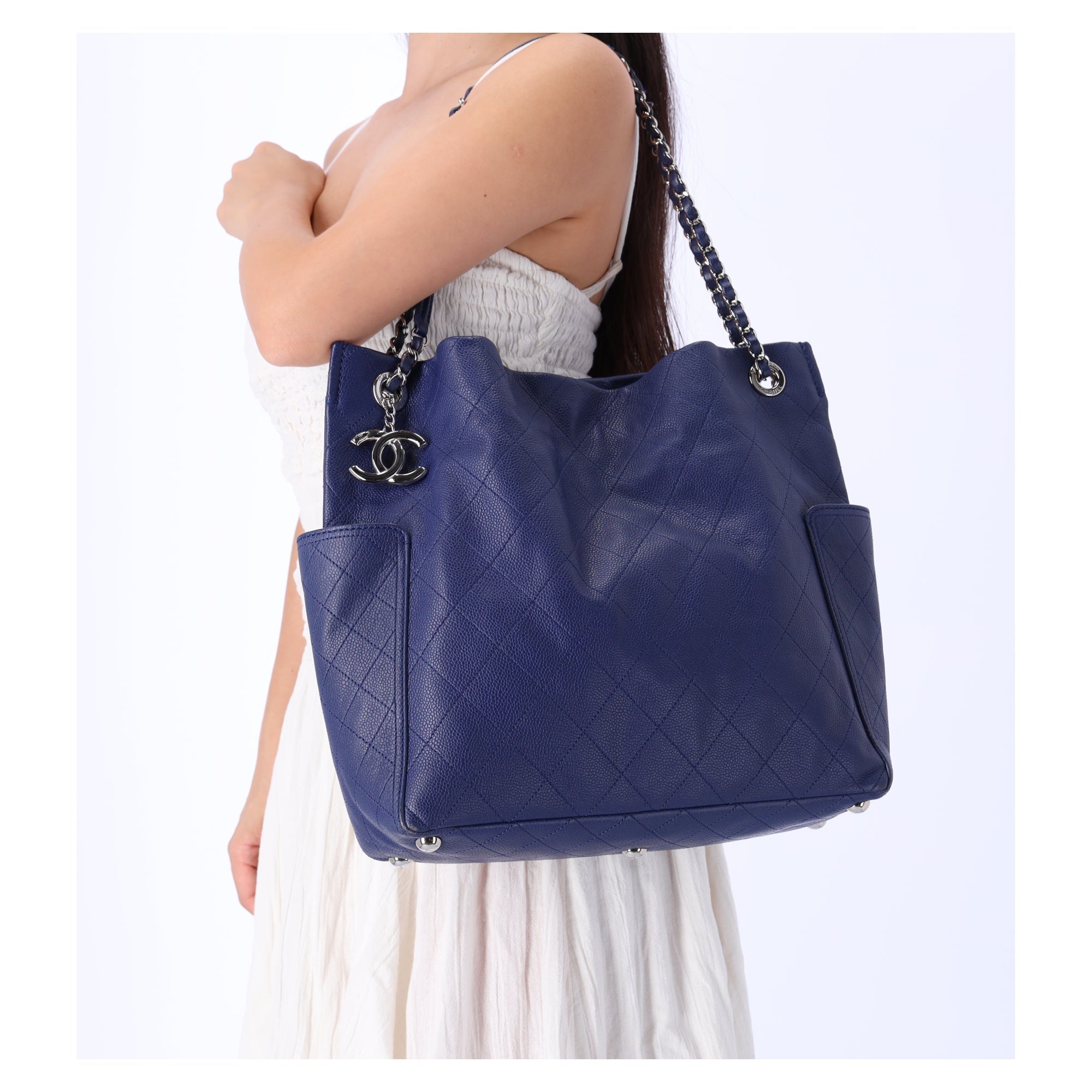Chanel Grained Calfskin Stitched CC Pocket Tote Blue
