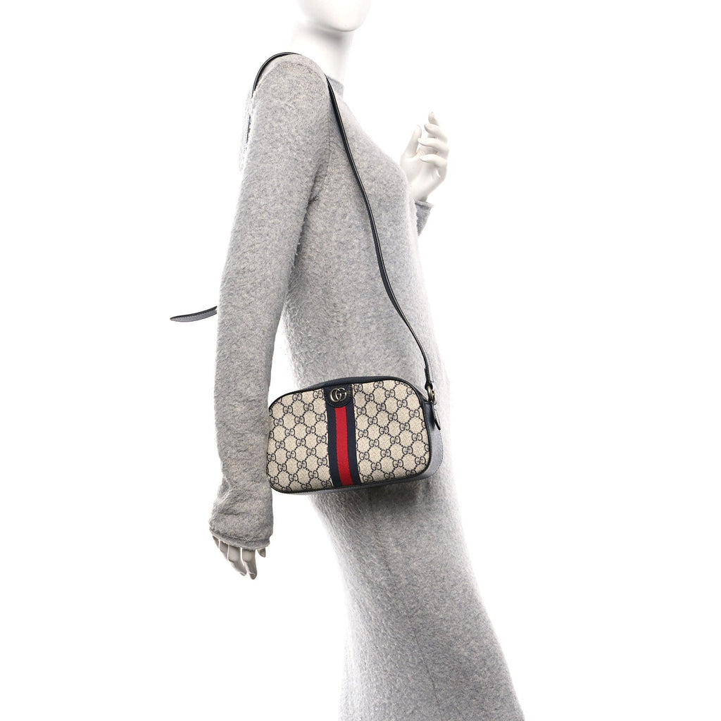 Gucci GG Supreme Monogram Textured Dollar Calfskin Web Small Ophidia Camera Bag Beige Blue