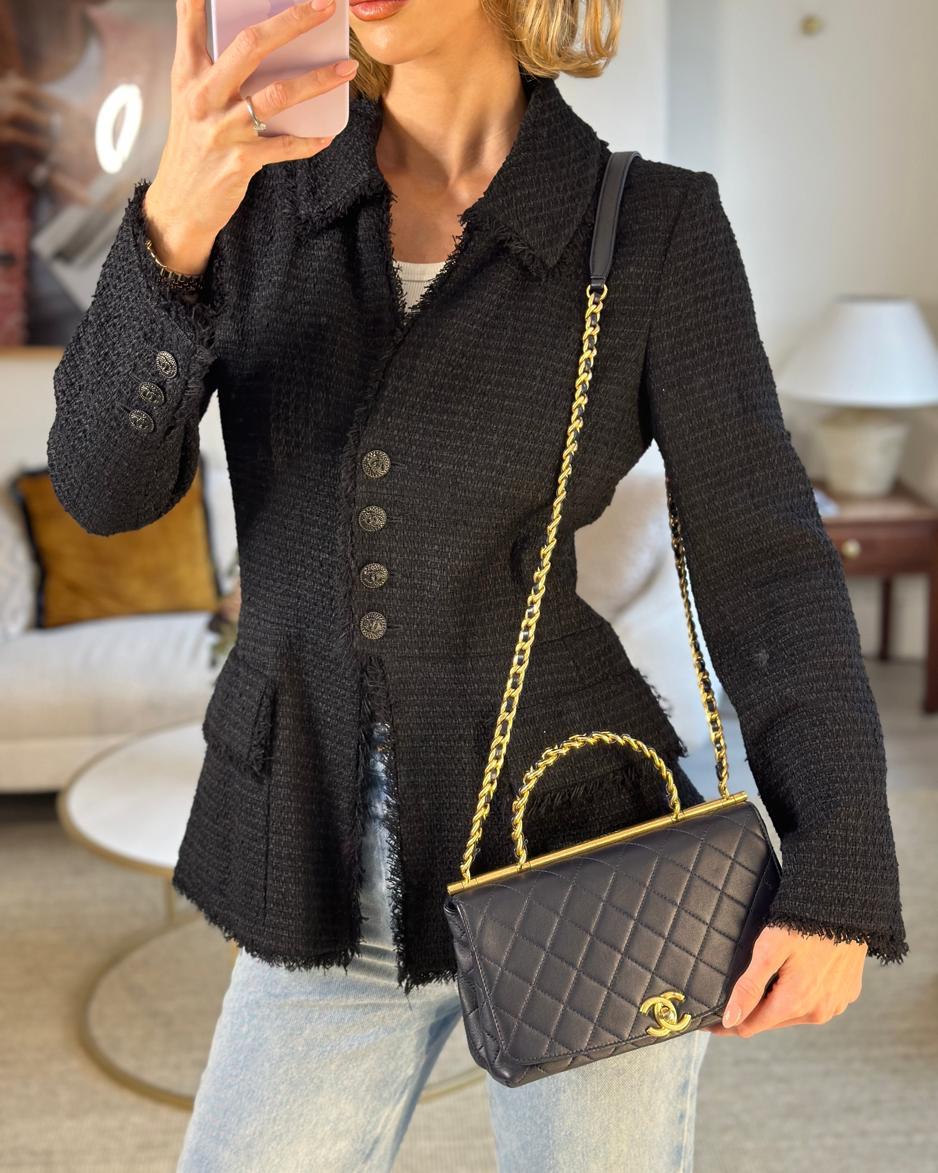 Chanel Navy Top Handle Bag in Lambskin with Brushed Gold Hardware