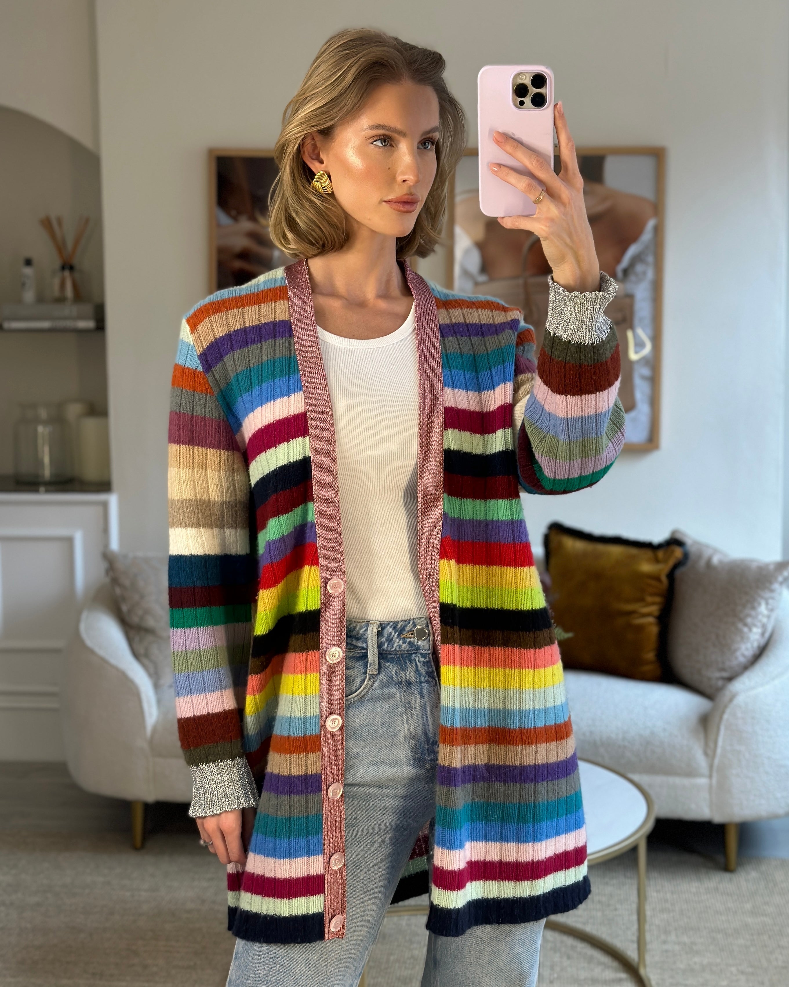 Gucci Multicoloured Cashmere Cardigan with Metallic Cuff & Collar Detail Size XL (UK 10-14)