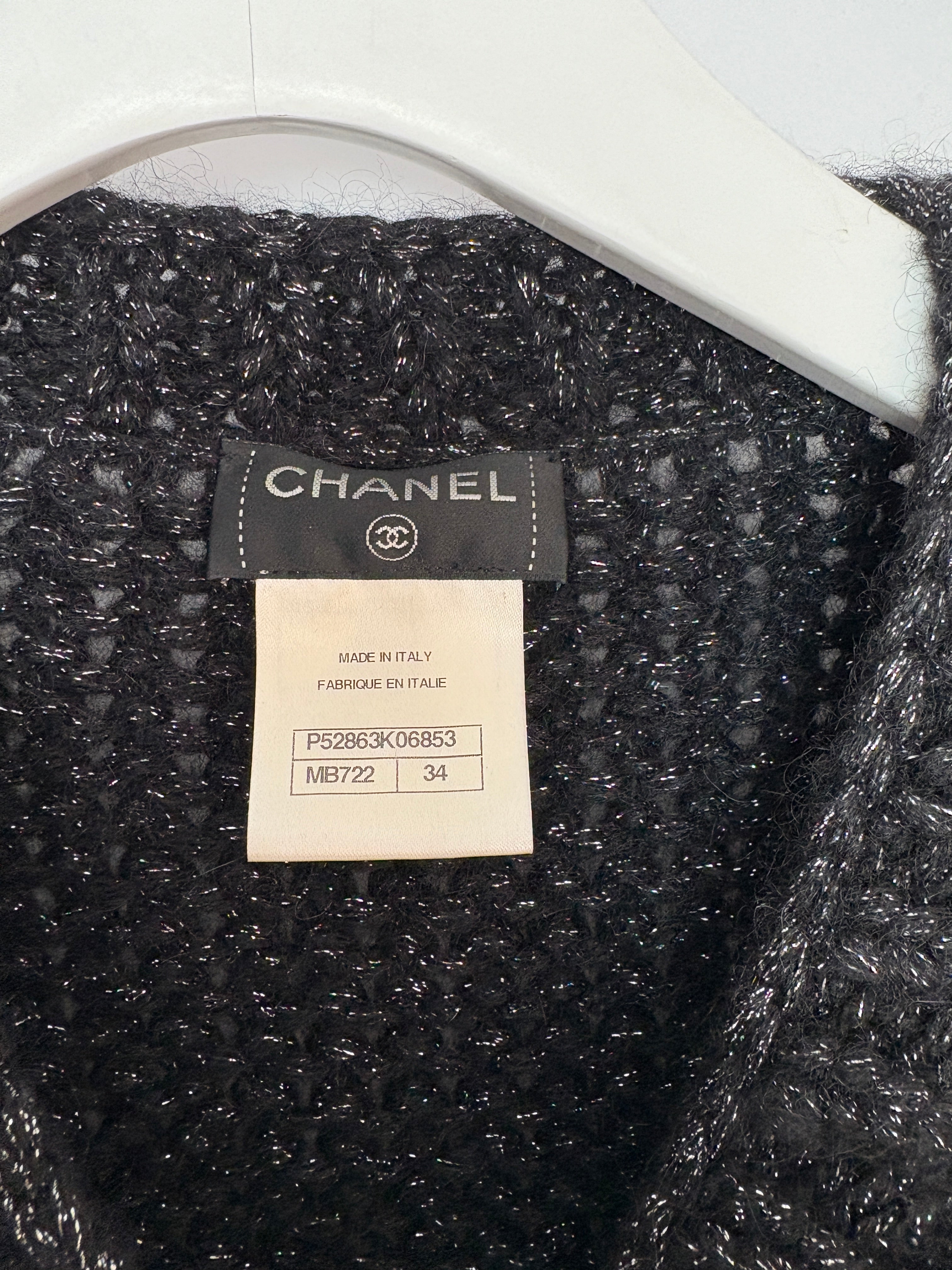 Chanel 15 F/W  Black and Brown Quilted Mohair Cardigan with Silver Threads and Black Chain Button Details Size FR 34 (UK 6)