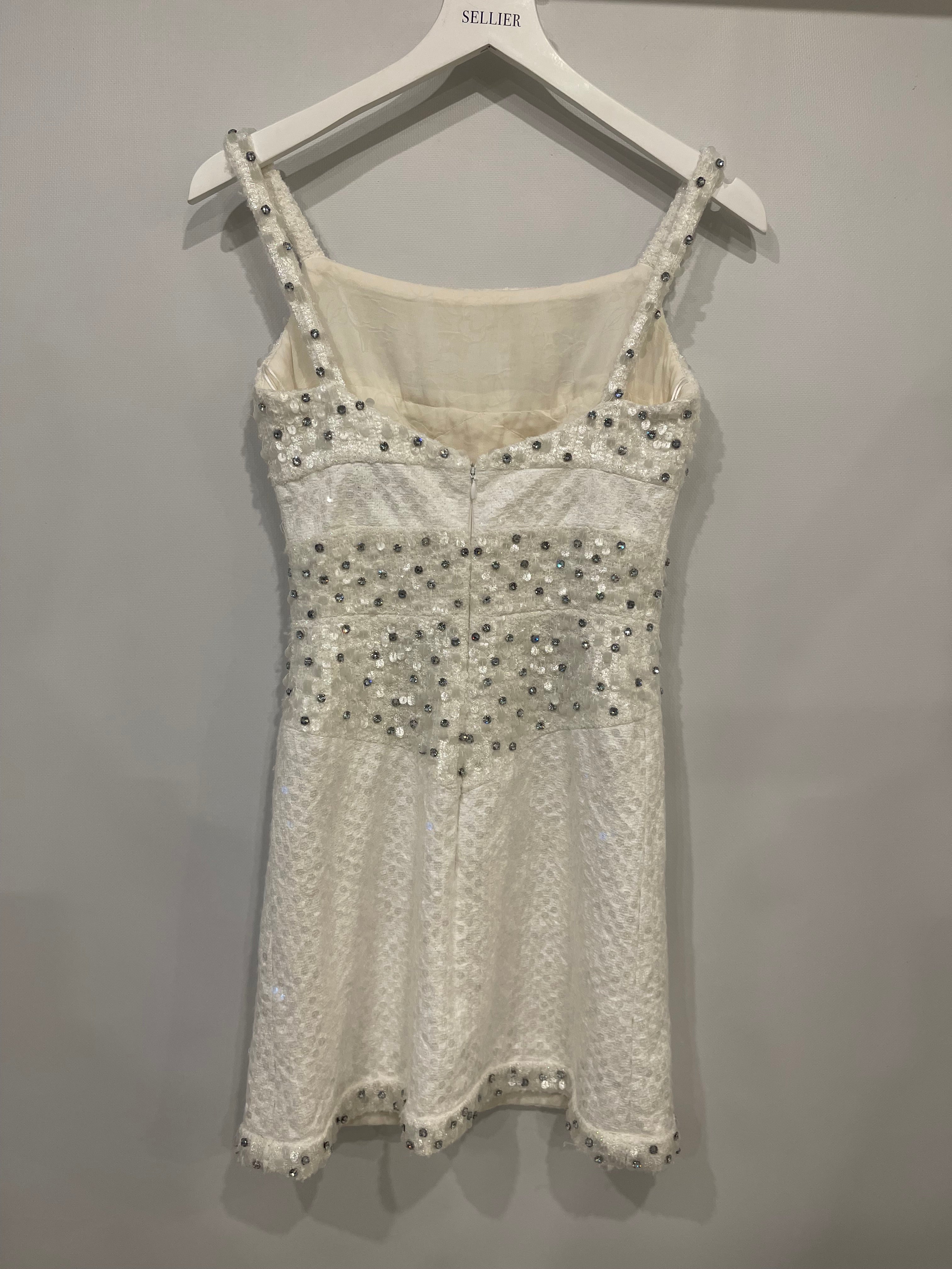 Chanel Pearl White Sleeveless Sequin and Crystal Embellished Mini Dress with Pearl CC Logo Detail Size FR 36 (UK 8)