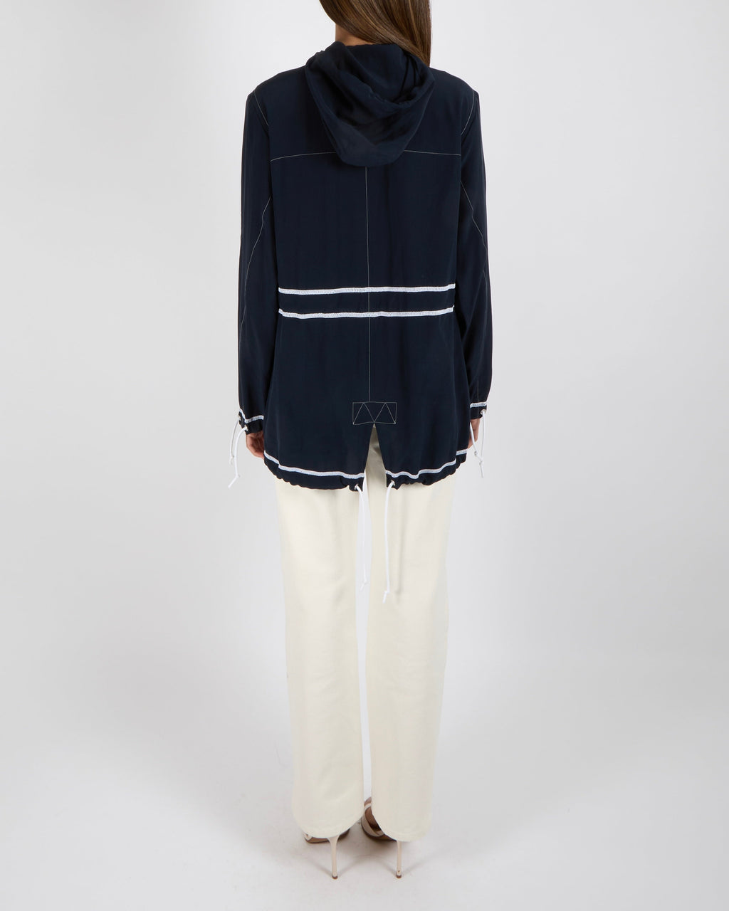 Chanel Navy and White Silk Hooded Jacket with Stitch Details and Drawstrings with Silver CC Logo Buttons Size FR 36 (UK 8)