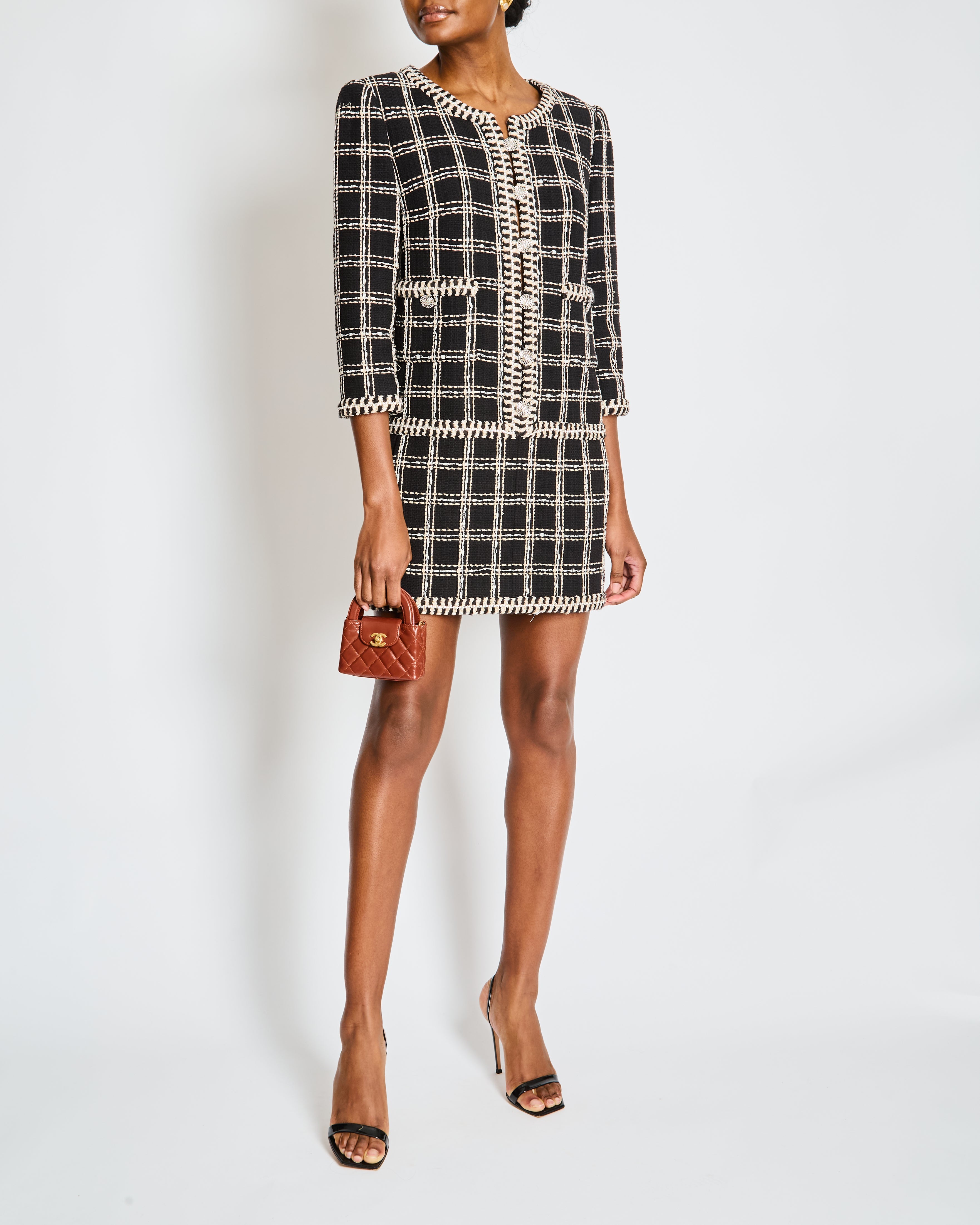 Chanel Cruise 2023 Black and White Tweed Mini Dress with Crystal Contrast Trim and Embellished Buttons Size FR 38 (UK 10)