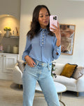 Gucci Blue Silk Ruffle Blouse with Pearl Buttons Size