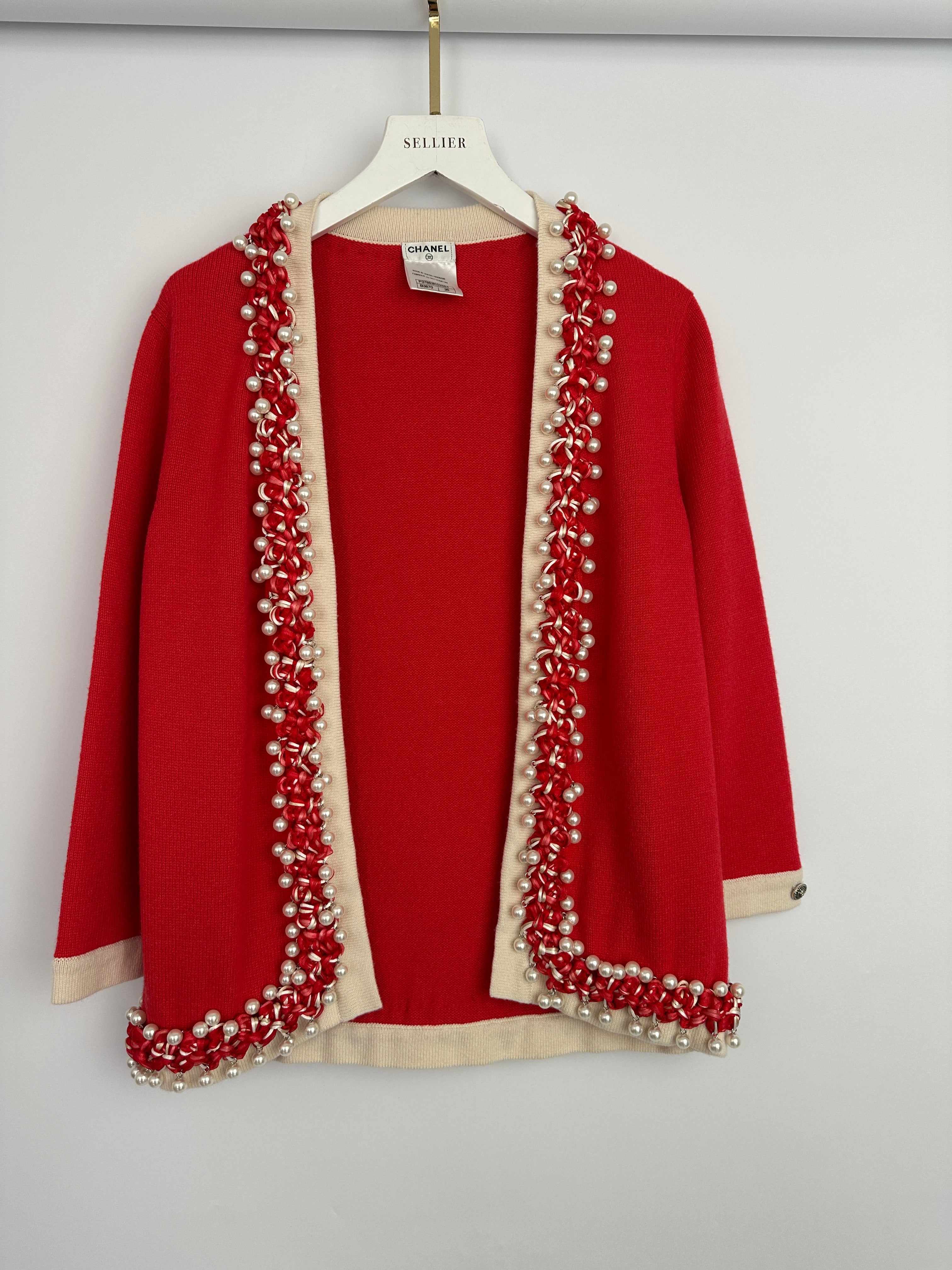 Chanel 10P Red Knitted Long Sleeve Cardigan with Pearls & Cream Braided Trim Details FR 36 (UK 8)