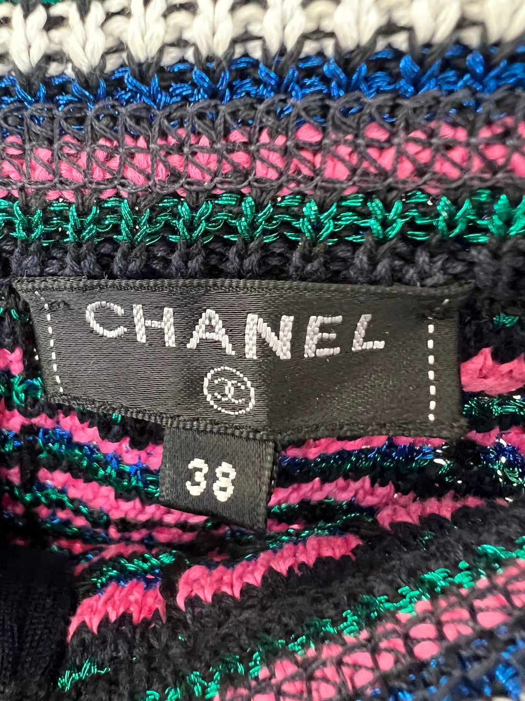 Chanel Black, Pink and Green Tweed Top and Mini Skirt Set with Metallic Fibres Size FR  38 (UK 10)