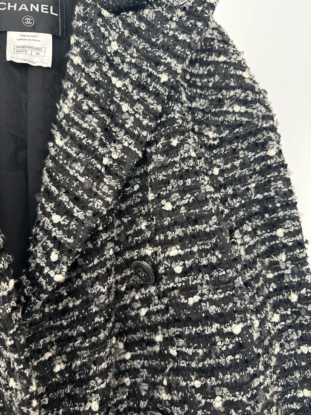 Chanel Black, Grey & White Tweed Double Breasted Jacket with Black CC Logo Buttons Size FR 36 (UK 8)