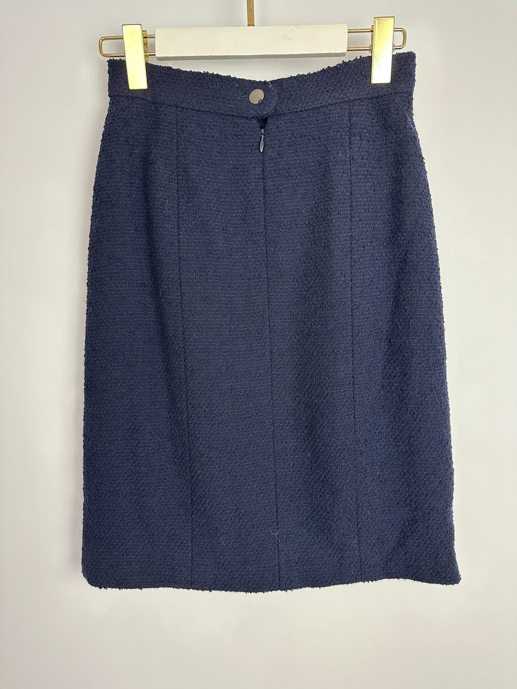Chanel 97A Navy Wool Long Sleeve Jacket and Pencil Skirt Set with Red, Blue, Green and Yellow Neckline Applique Detail Size FR 38 (UK 10)