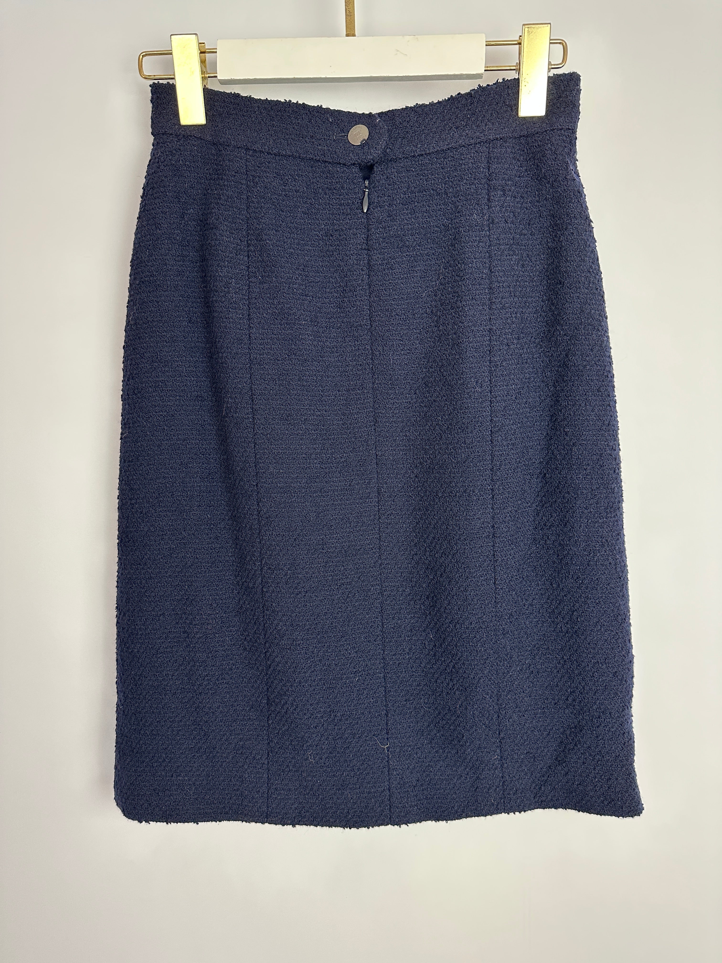Chanel 97A Navy Wool Long Sleeve Jacket and Pencil Skirt Set with Red, Blue, Green and Yellow Neckline Applique Detail Size FR 38 (UK 10)