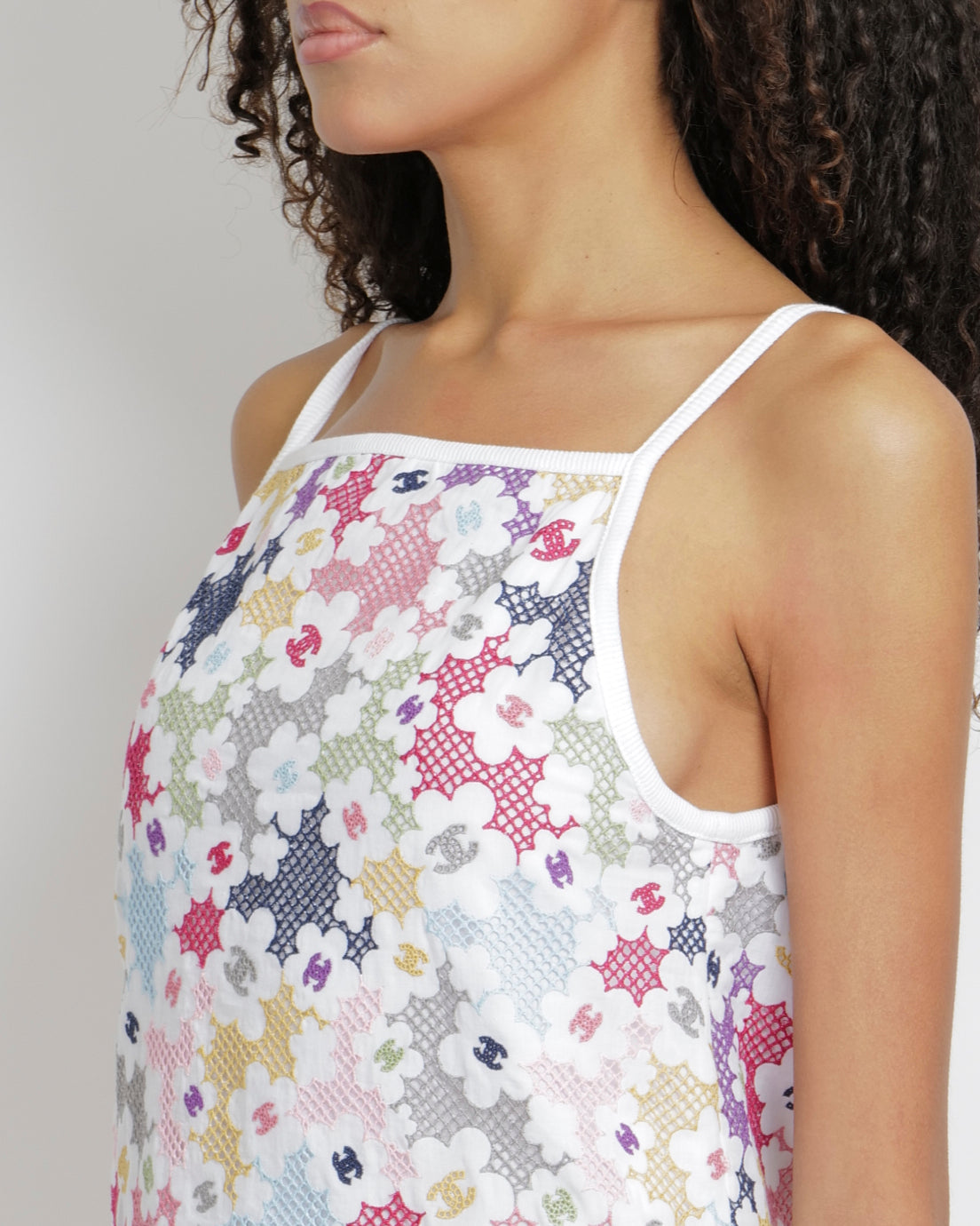 Chanel Pre-Spring 2024 White and Multicolour Embroidered Floral CC Logo Midi Dress Size FR 38 (UK 10)