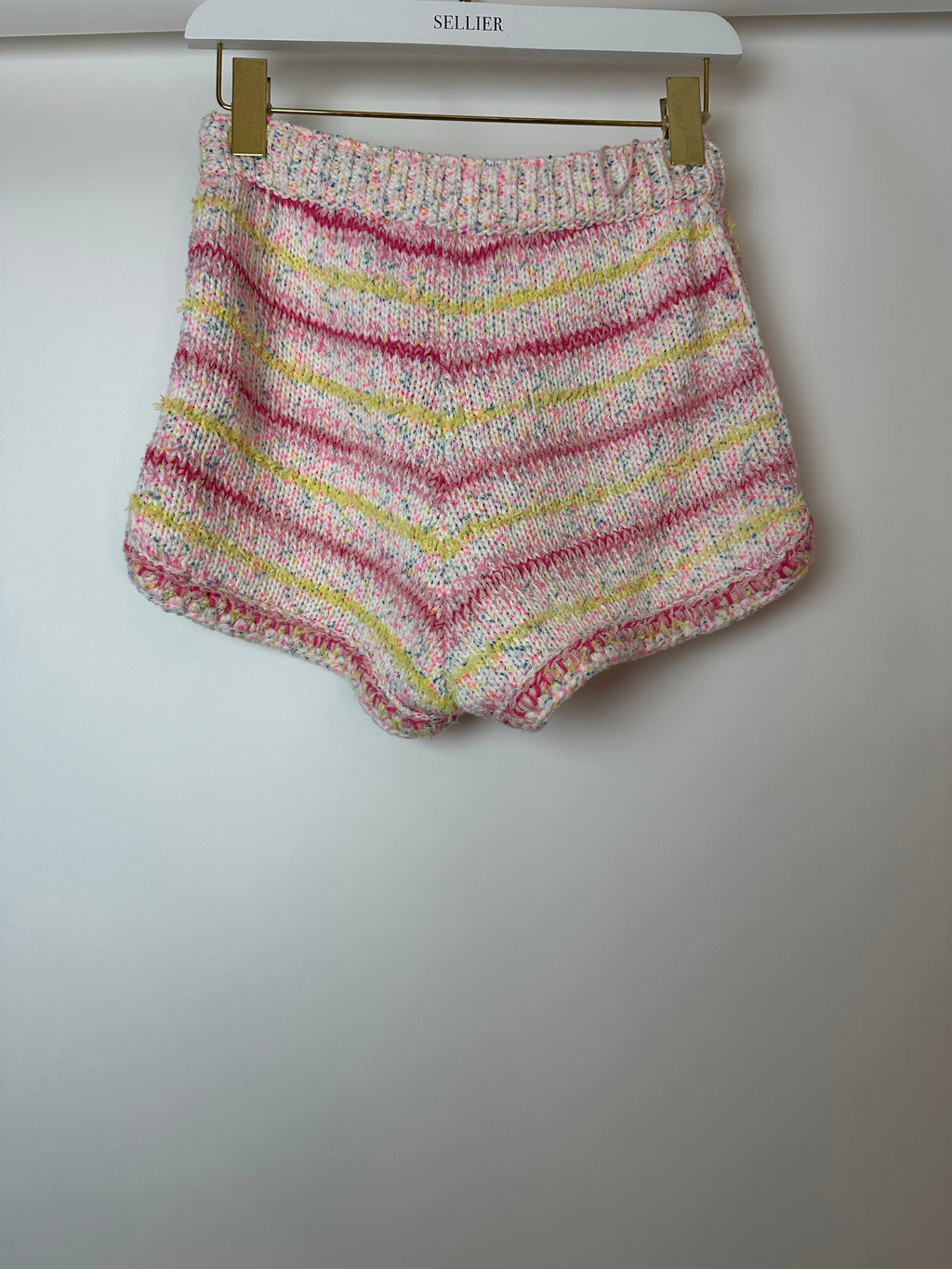 Chanel 24C Resort Pastel Pink & Yellow Sleeveless Knit Jumper and Shorts Set with Cupid Heart "Coco" Detail Top Size FR 34 (UK 6)