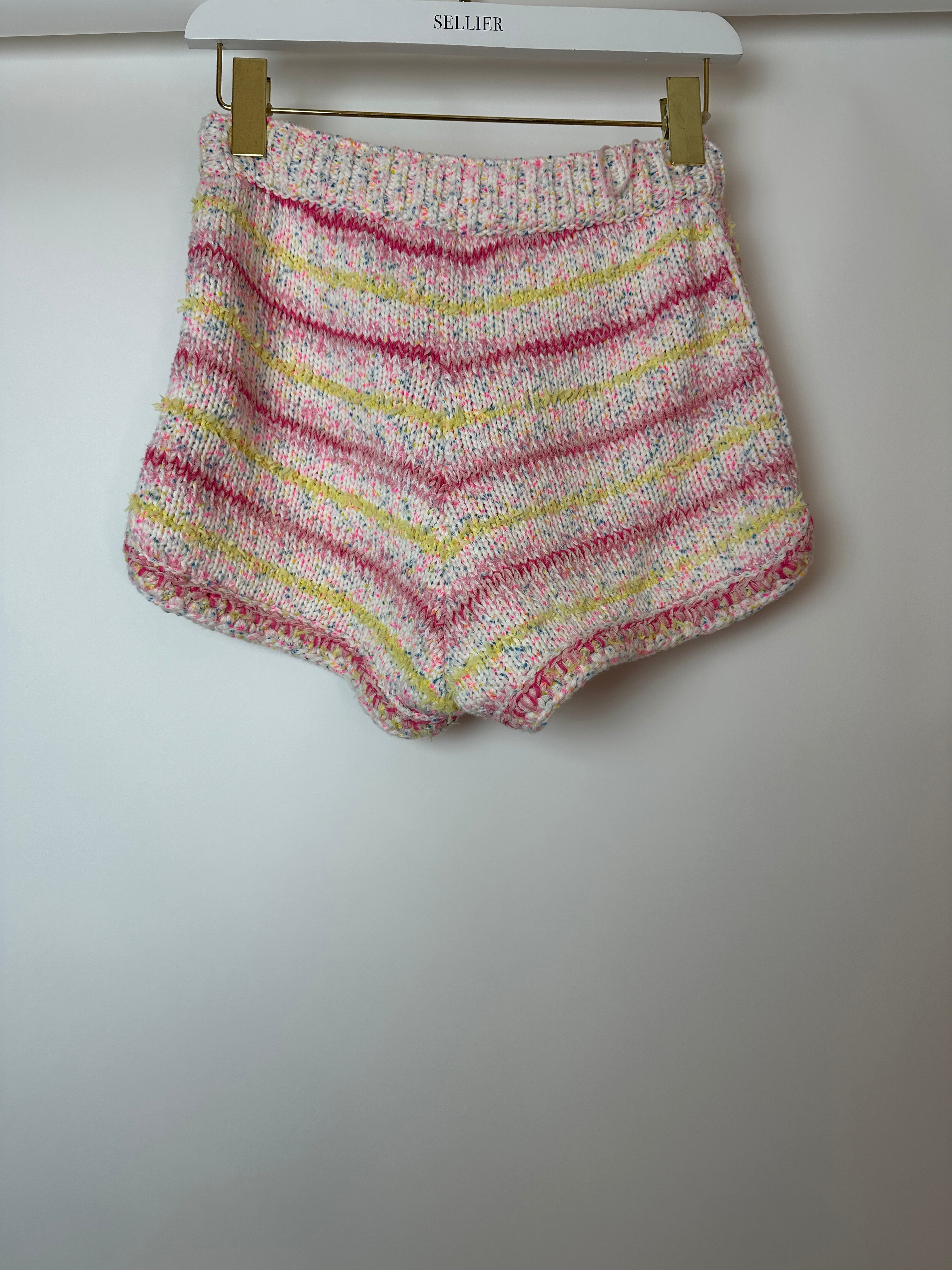 Chanel 24C Resort Pastel Pink & Yellow Sleeveless Knit Jumper and Shorts Set with Cupid Heart "Coco" Detail Top Size FR 34 (UK 6)