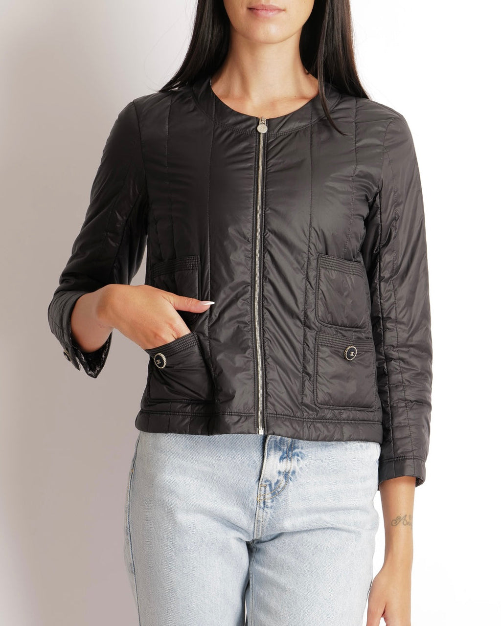 Chanel 13K Black Windbreaker Jacket with Silver Zipper and Black and Silver CC Logo Buttons Size FR 36 (UK 8)