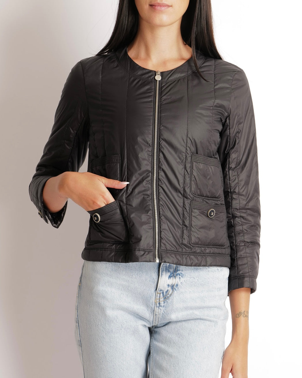 Chanel 13K Black Windbreaker Jacket with Silver Zipper and Black and Silver CC Logo Buttons Size FR 36 (UK 8)