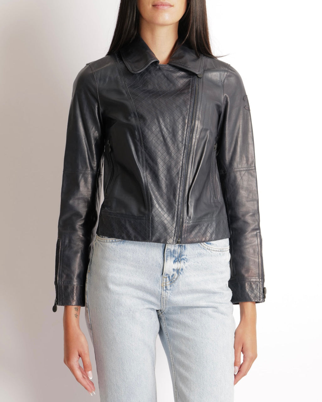 Chanel 12P Navy Calfskin Leather Jacket with Quilted Details and Black CC Logo Buttons Size FR 34 (UK 6)