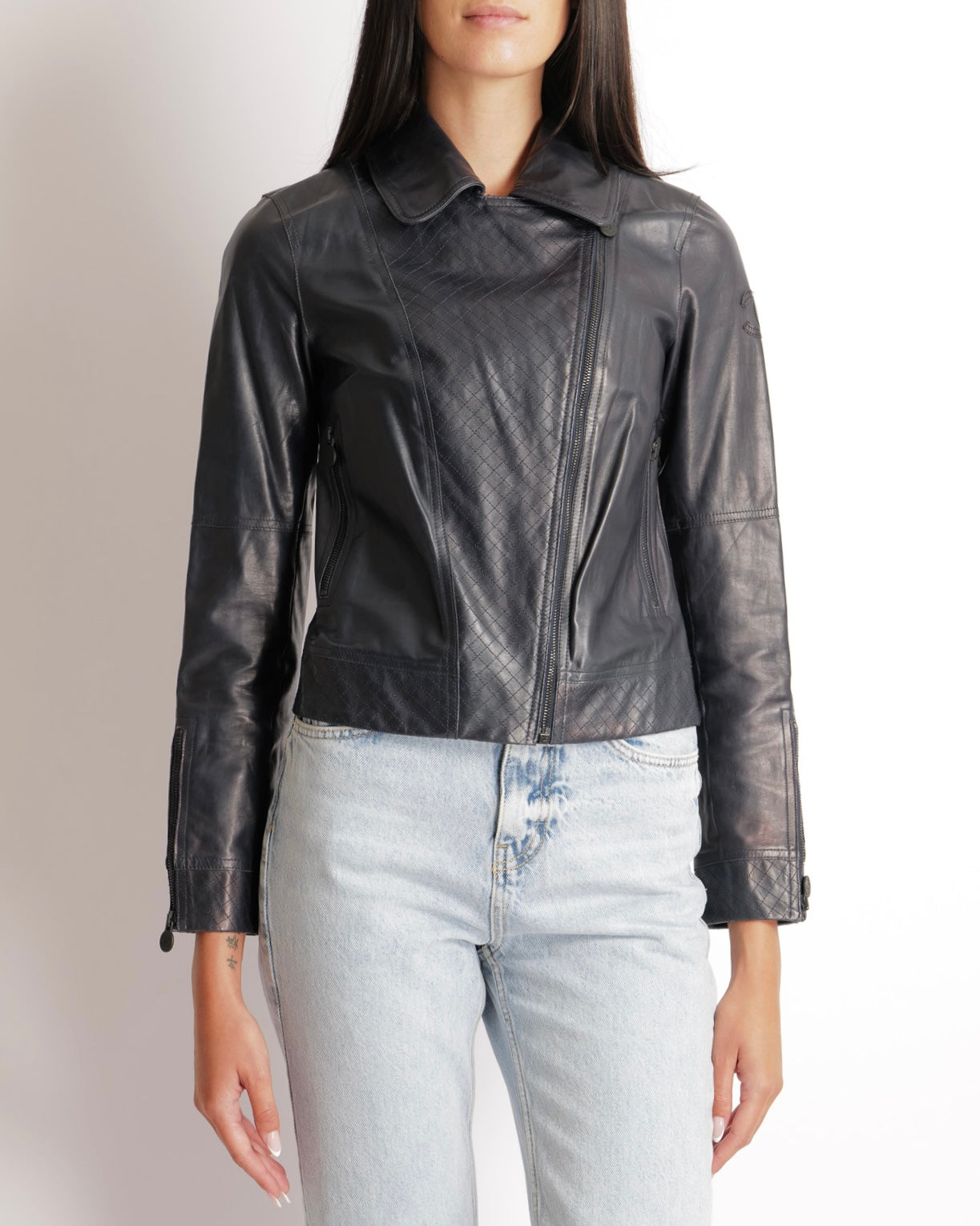Chanel 12P Navy Calfskin Leather Jacket with Quilted Details and Black CC Logo Buttons Size FR 34 (UK 6)