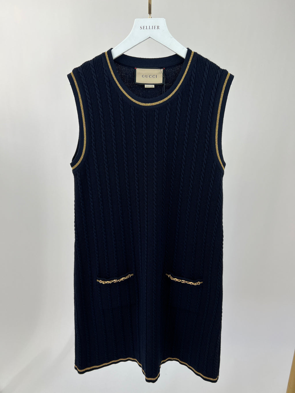 Gucci Navy Knitted Mini Dress with Gold Chain Pocket Details Size IT S (UK 8)