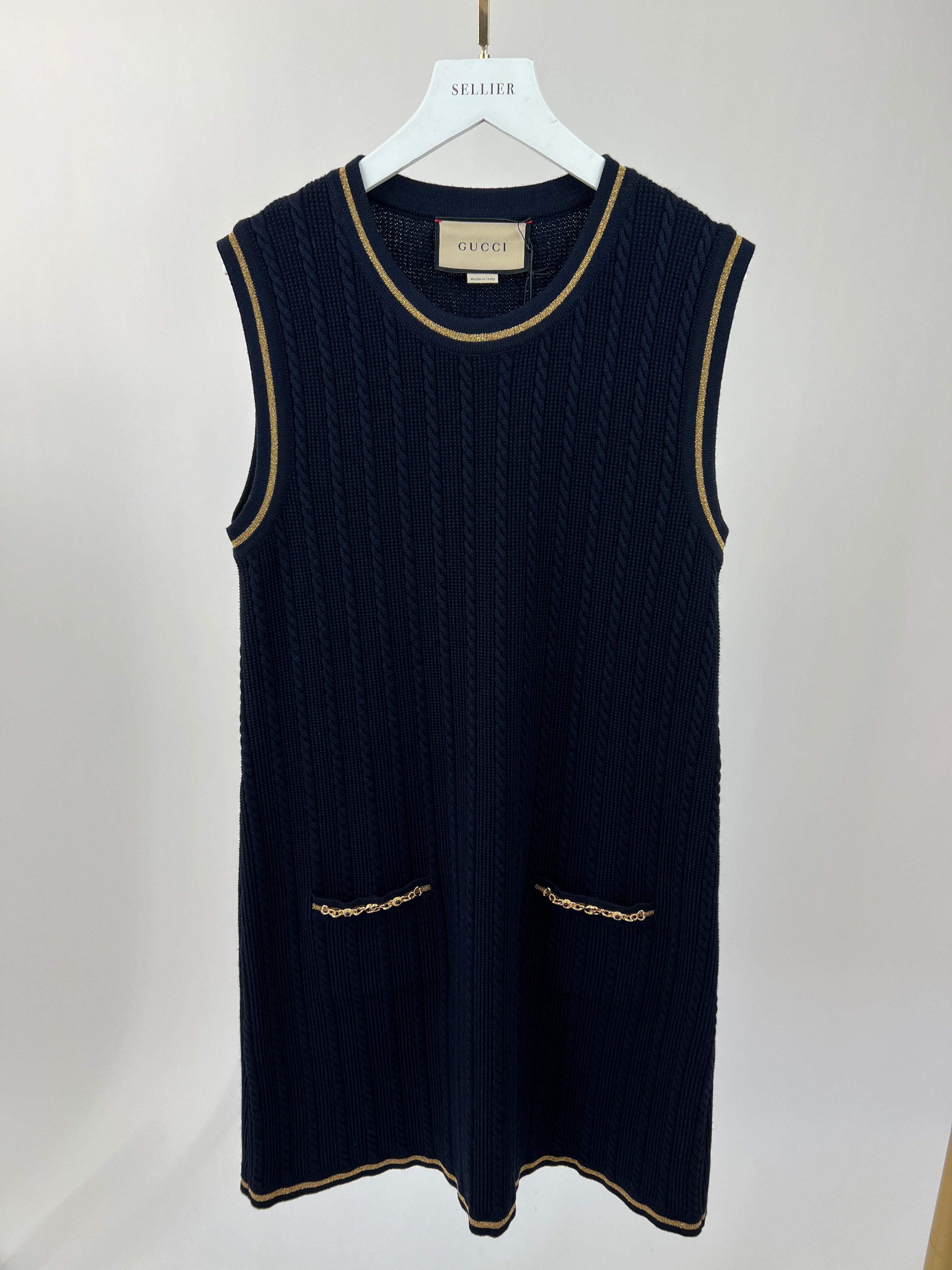 Gucci Navy Knitted Mini Dress with Gold Chain Pocket Details Size IT S (UK 8)