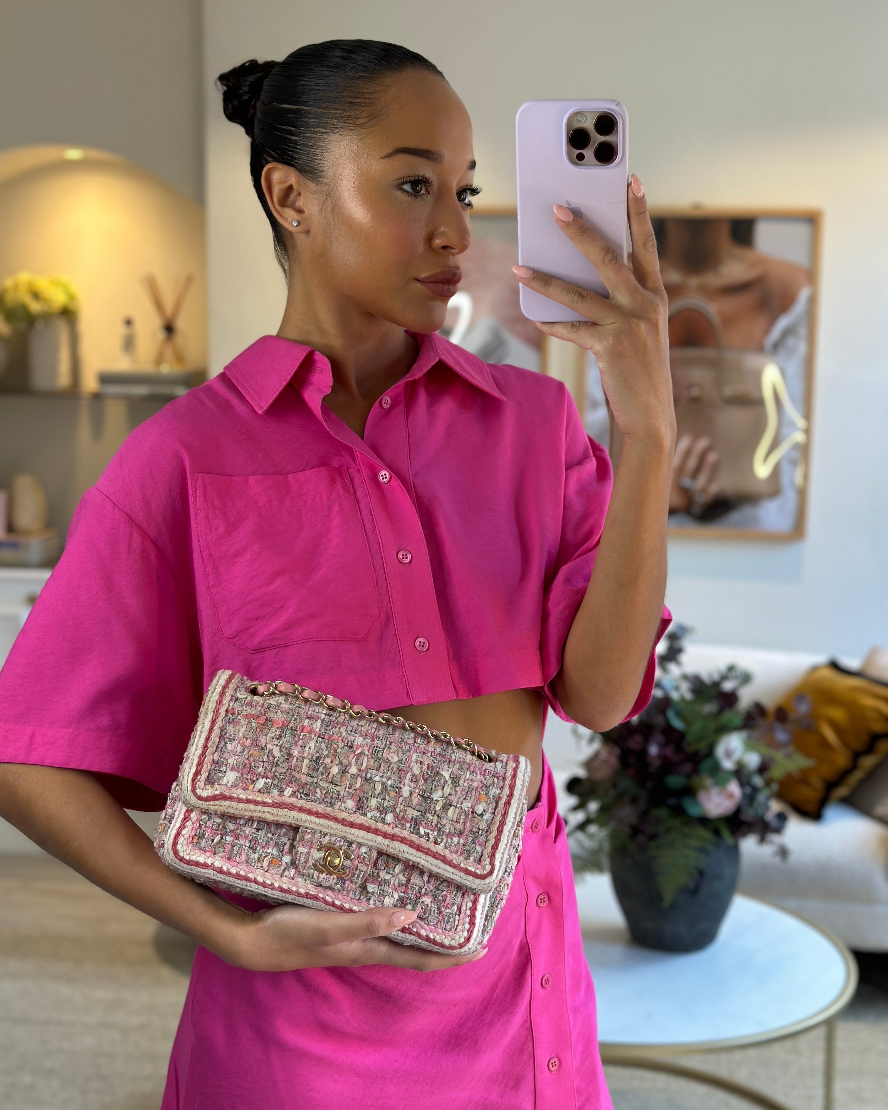 Chanel Medium Classic Double Flap Bag in Pink Tweed with Champagne Gold Hardware RRP £8,530
