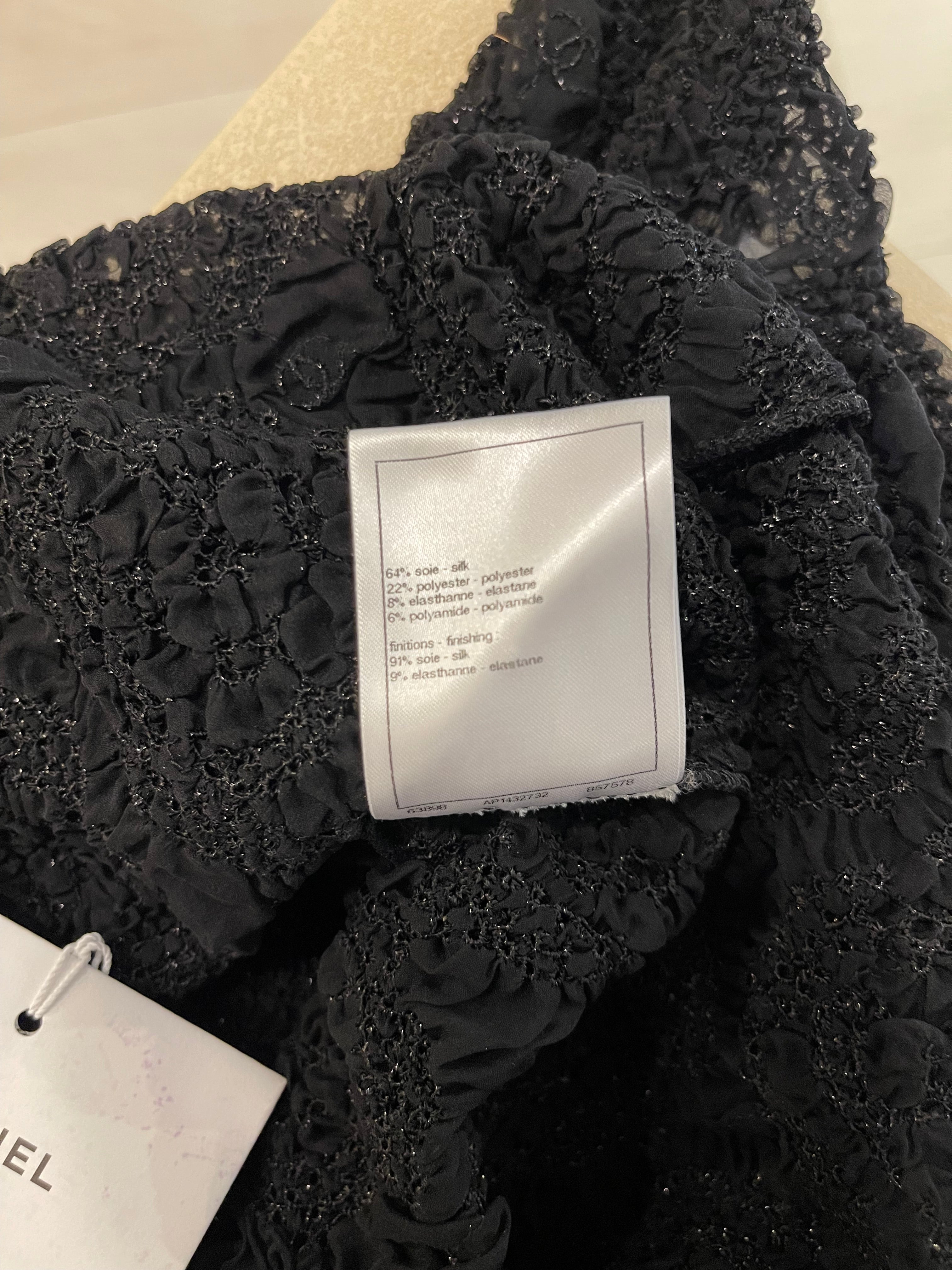 Chanel Black Lace Tulle Top and Cyclist Shorts Set with Camellia Details and Crystal CC Logos Size FR 34 (UK 6)