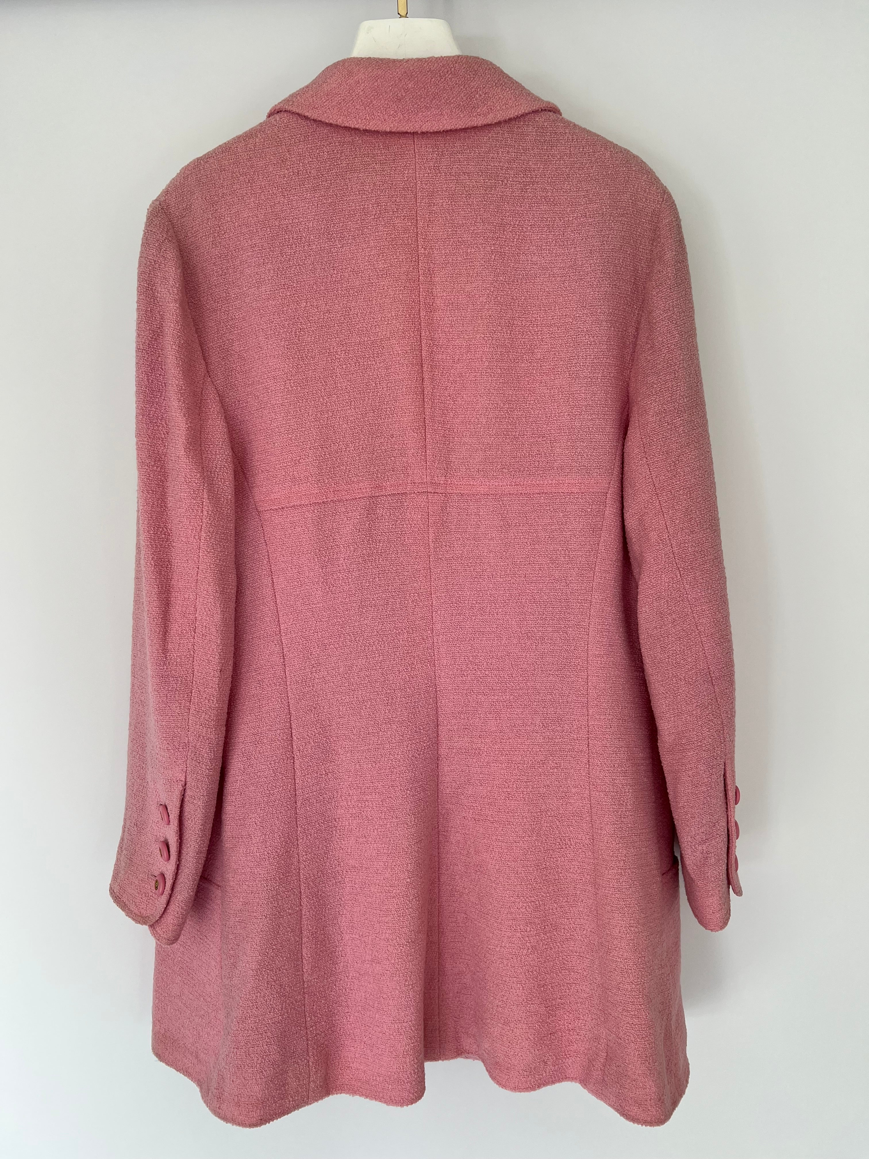 Chanel 94/P Pink Longline Tweed Jacket with Gold CC Logo Button Details, Size FR 40 (UK 12)