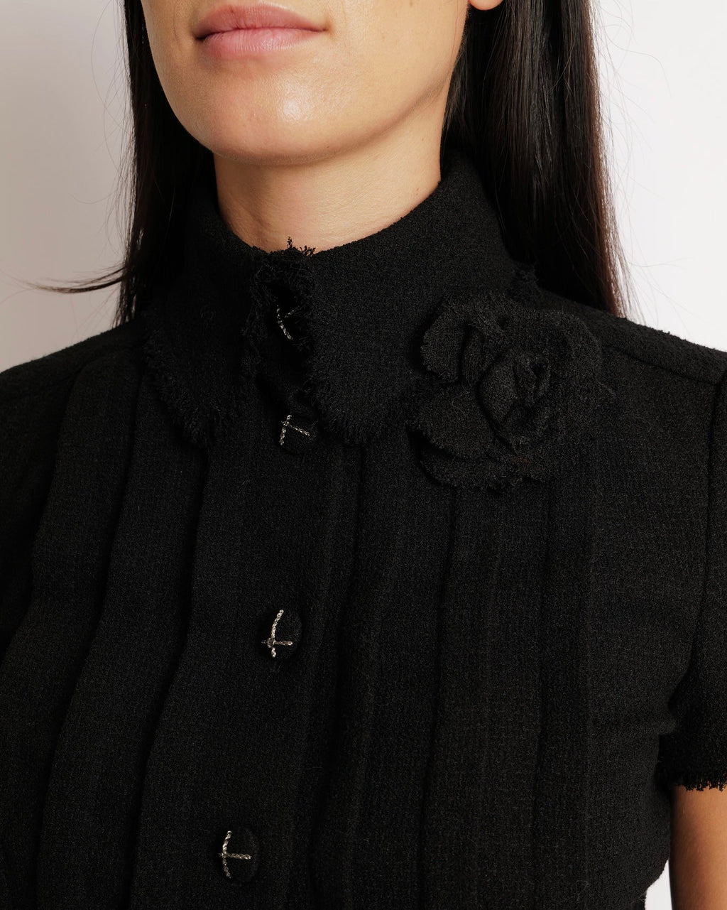 Chanel 07/AW Black Wool Belted Short-Sleeved Mini Dress with Black and Silver CC Logo Buttons and Frayed Trims Detail Size FR 34 (UK 6)