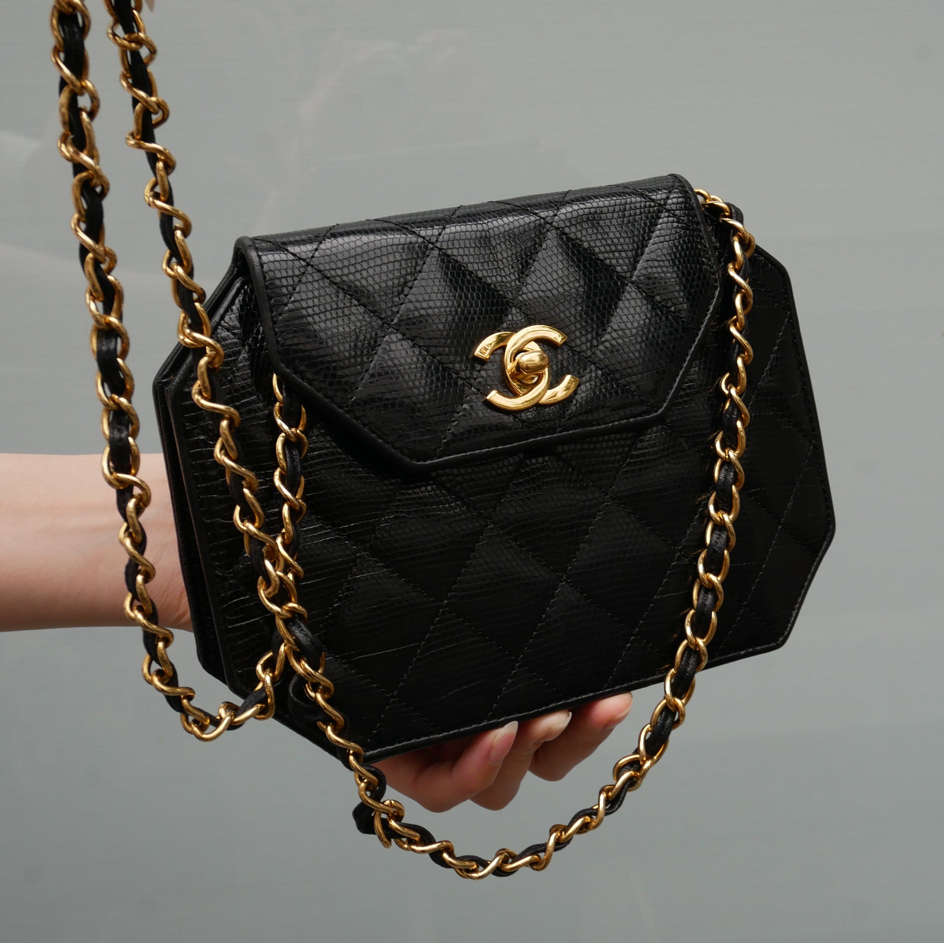 CHANEL 1989-1991 Black Lizard Octagonal Flap Bag