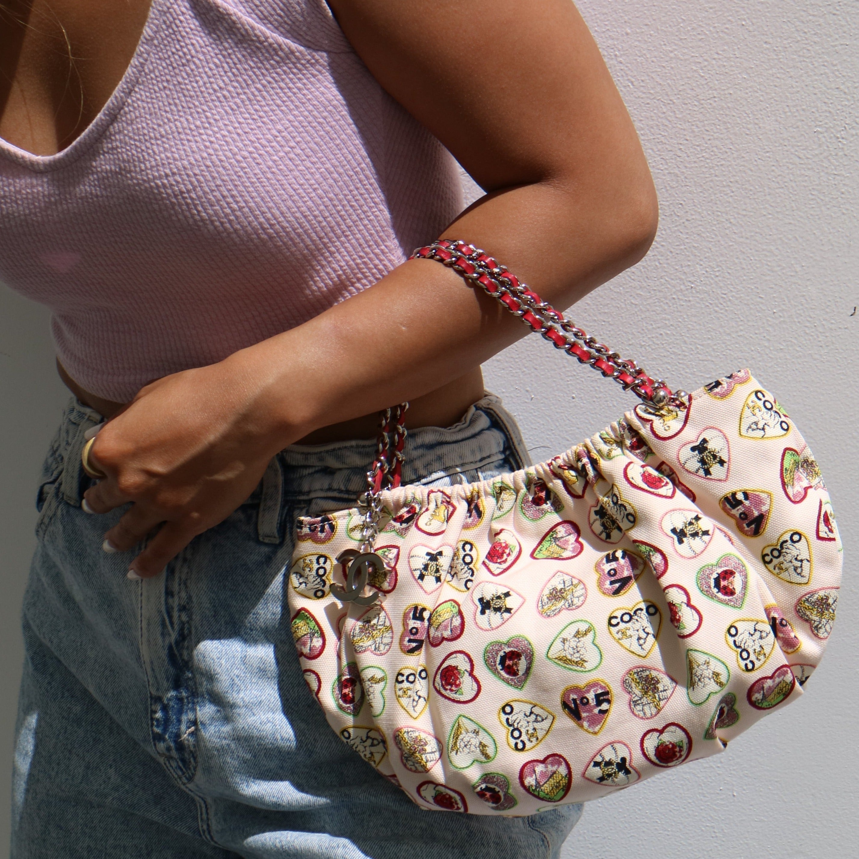 CHANEL 2005-2006 Heart Printed Handbag Pink Canvas