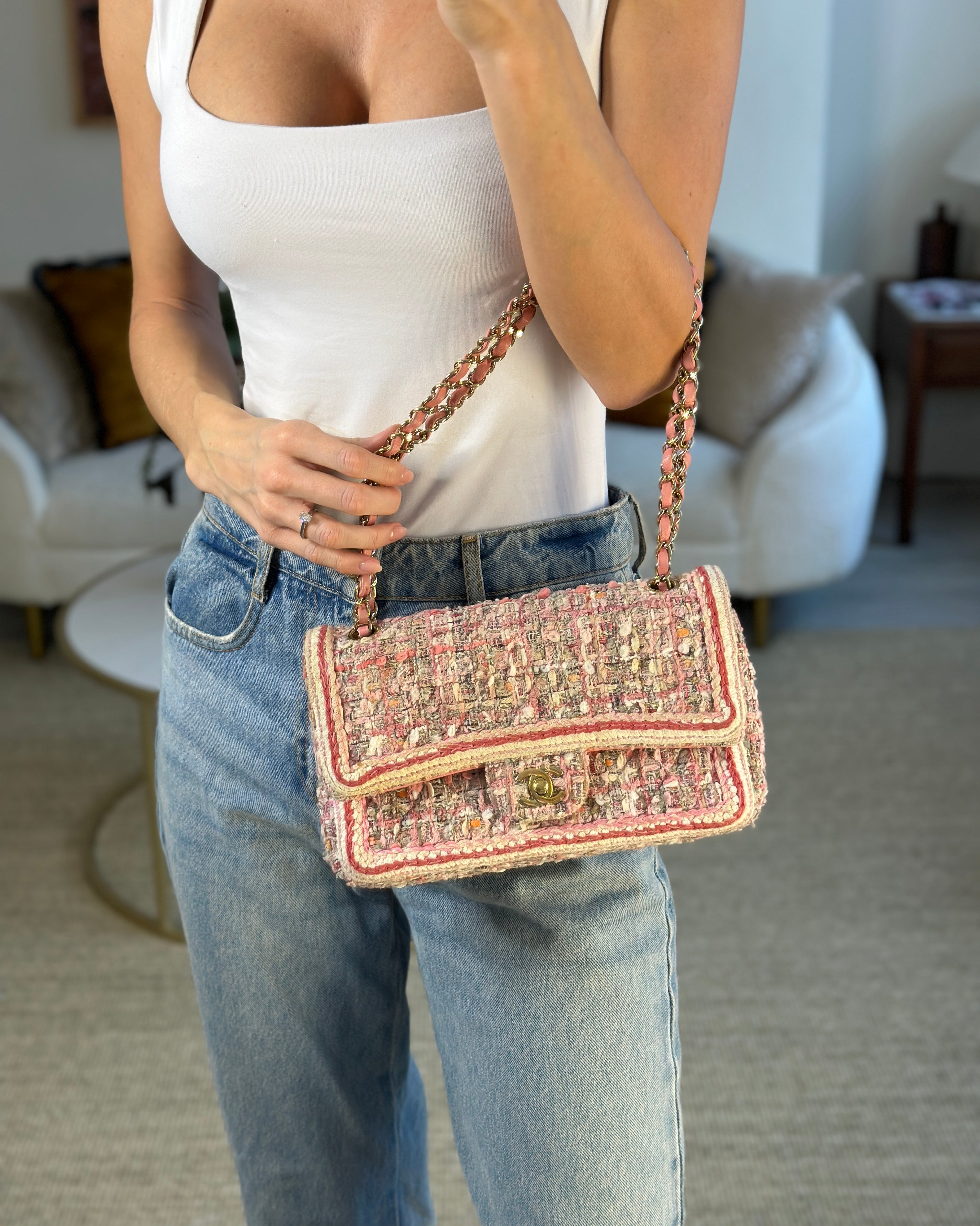 Chanel Medium Classic Double Flap Bag in Pink Tweed with Champagne Gold Hardware RRP £8,530