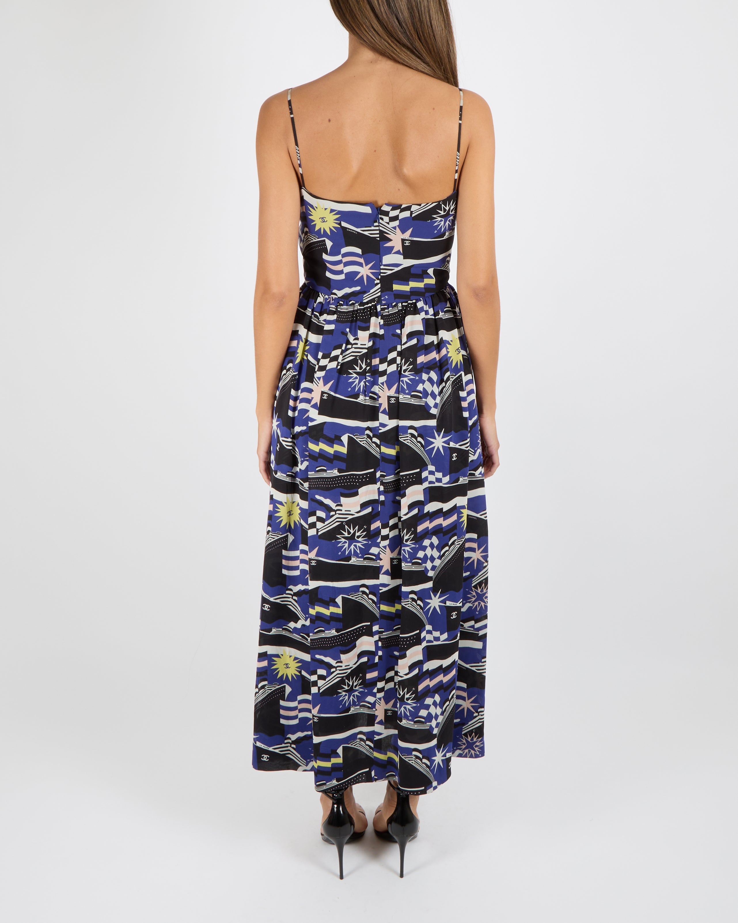 Chanel La Pausa Resort 2019 Blue, White and Black Silk Printed Sleeveless Maxi Dress with Yellow CC Logo Print Details and White Mirror CC Logo Button Size FR 36 (UK 8)