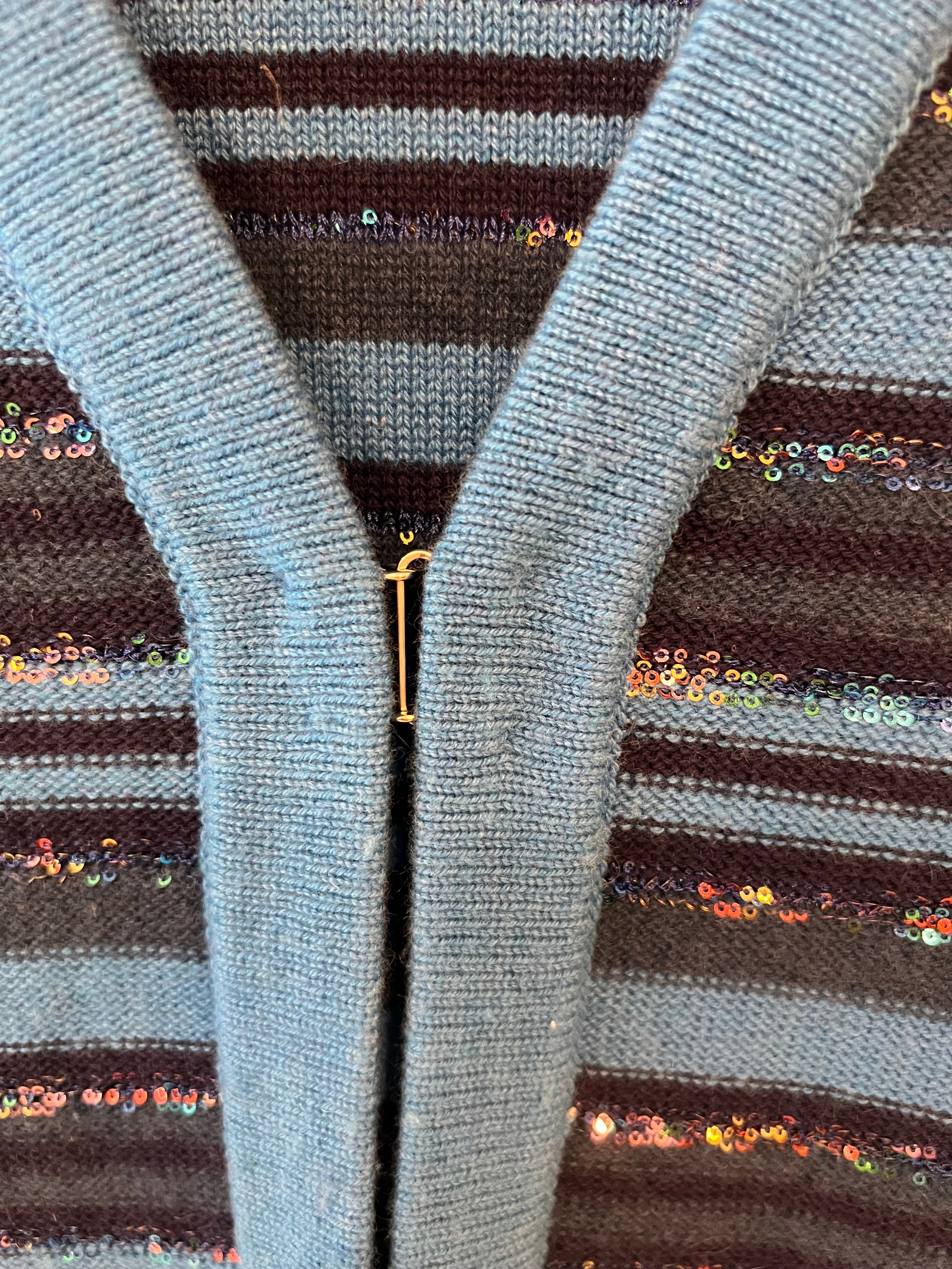 Chanel 20C Blue and Navy Cashmere Striped Long Cardigan with Multicolour Sequins Detail and Silver Camellia CC Buttons Size FR 36 (UK 8)