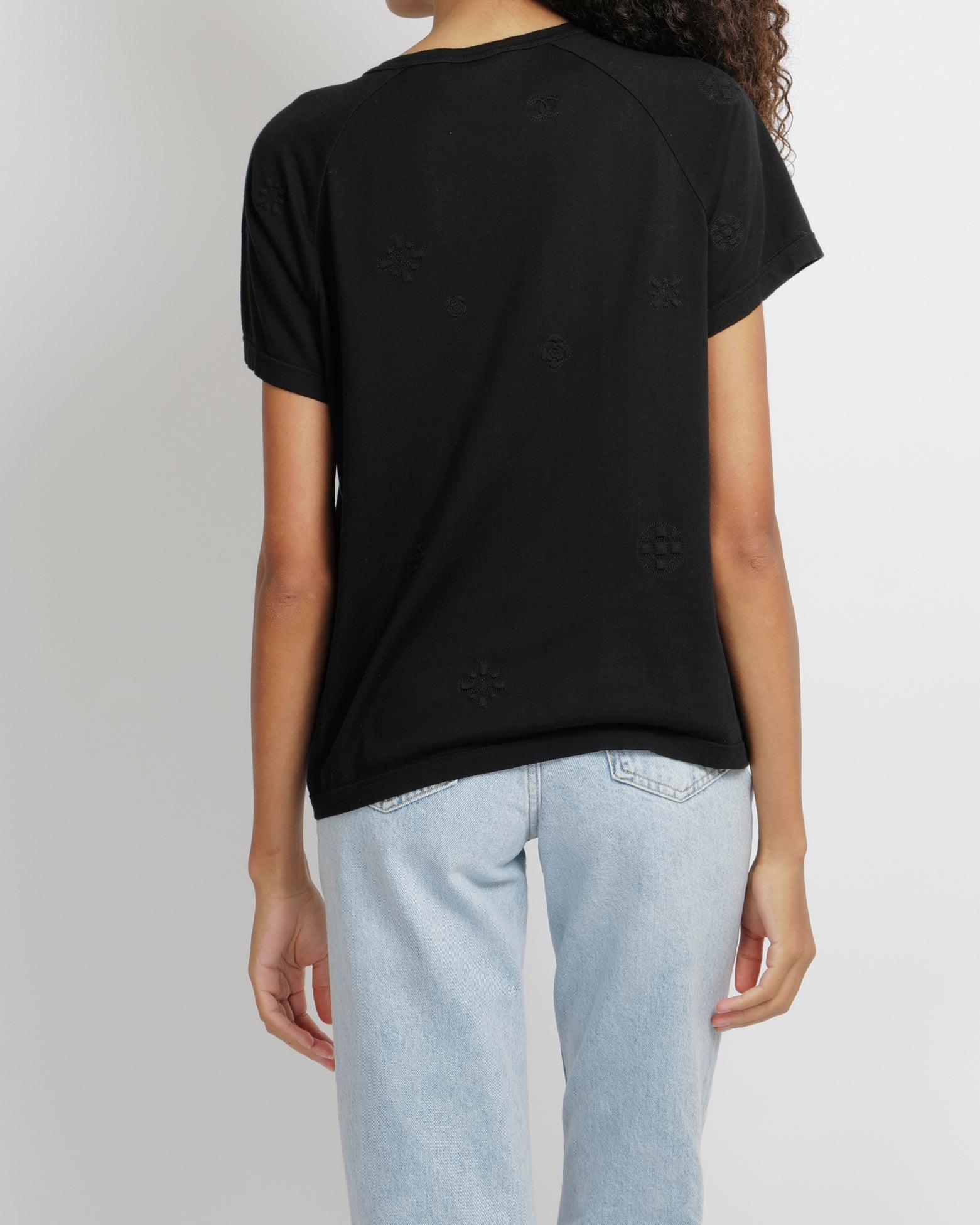 Chanel Black Short-Sleeved T-Shirt with Textured Embroideries and CC Logos Size FR 40 (UK 12)