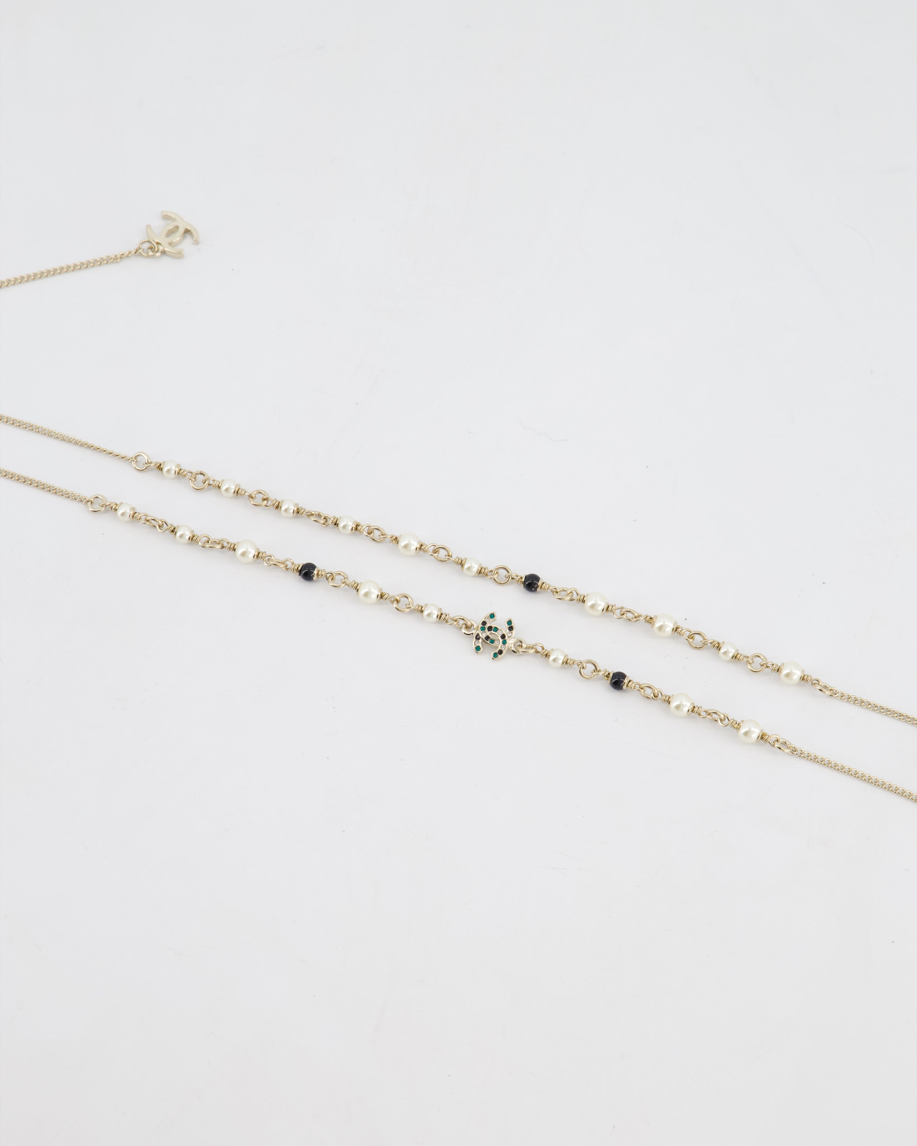Chanel Champagne Gold CC Pearl Necklace with Bambi Pendant