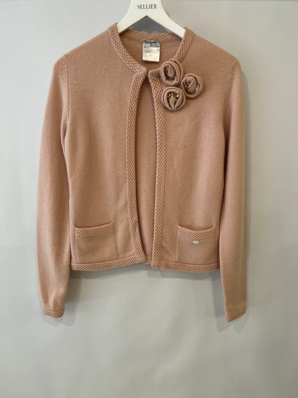 Chanel 05/S Vintage Pink Cashmere Cardigan with Floral Crystals Size FR 38 (UK 10)