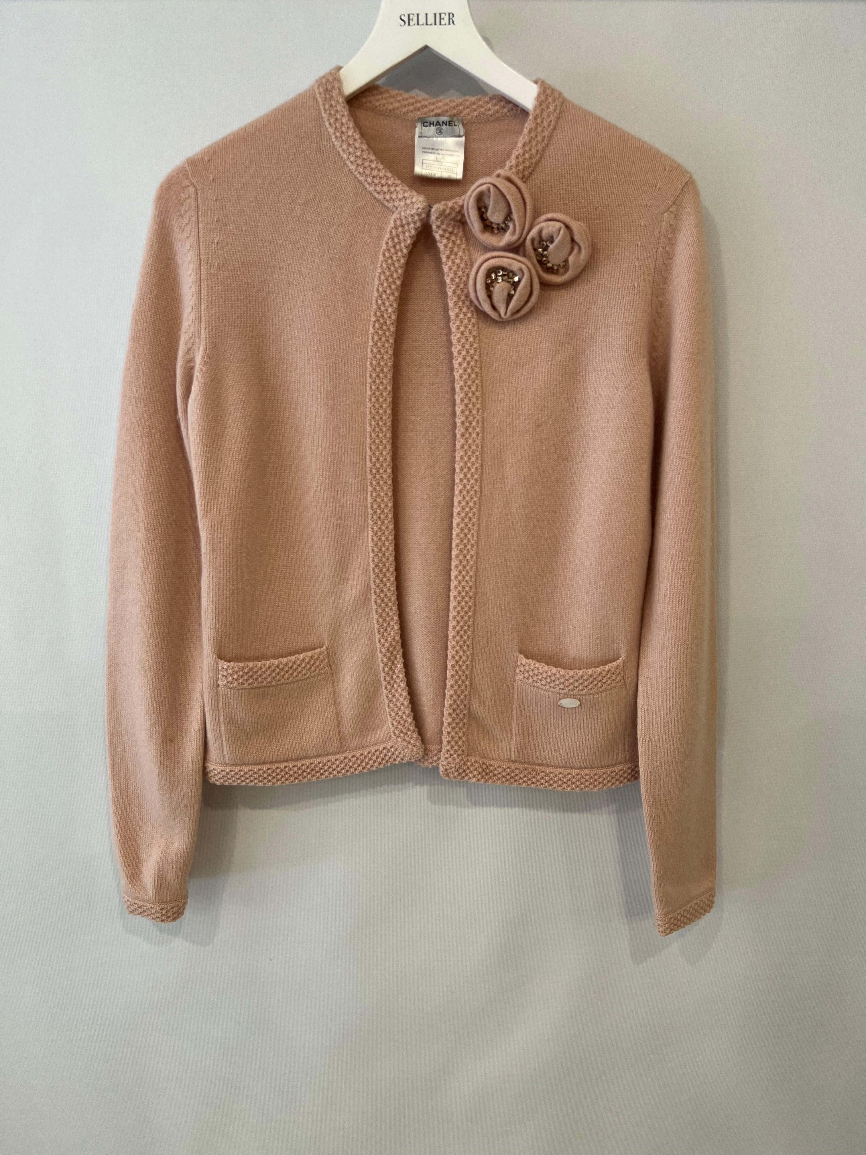 Chanel 05/S Vintage Pink Cashmere Cardigan with Floral Crystals Size FR 38 (UK 10)
