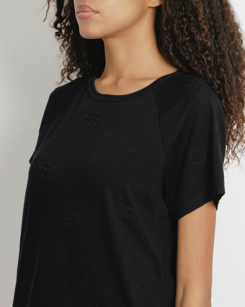 Chanel Black Short-Sleeved T-Shirt with Textured Embroideries and CC Logos Size FR 40 (UK 12)