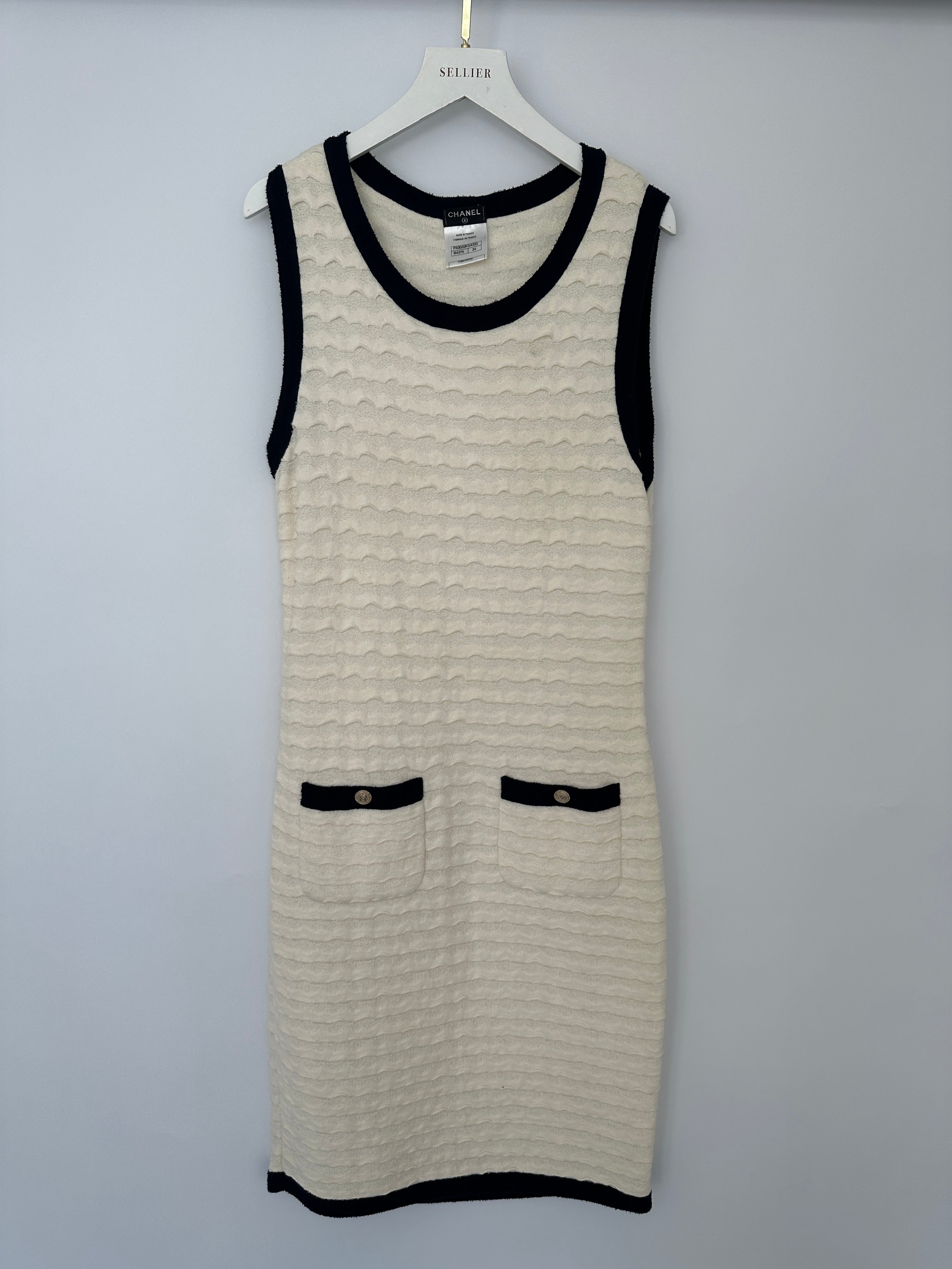 Chanel Cream Sleeveless Midi Dress with Navy Hem and Pocket Detail Size FR 34 (UK 6)