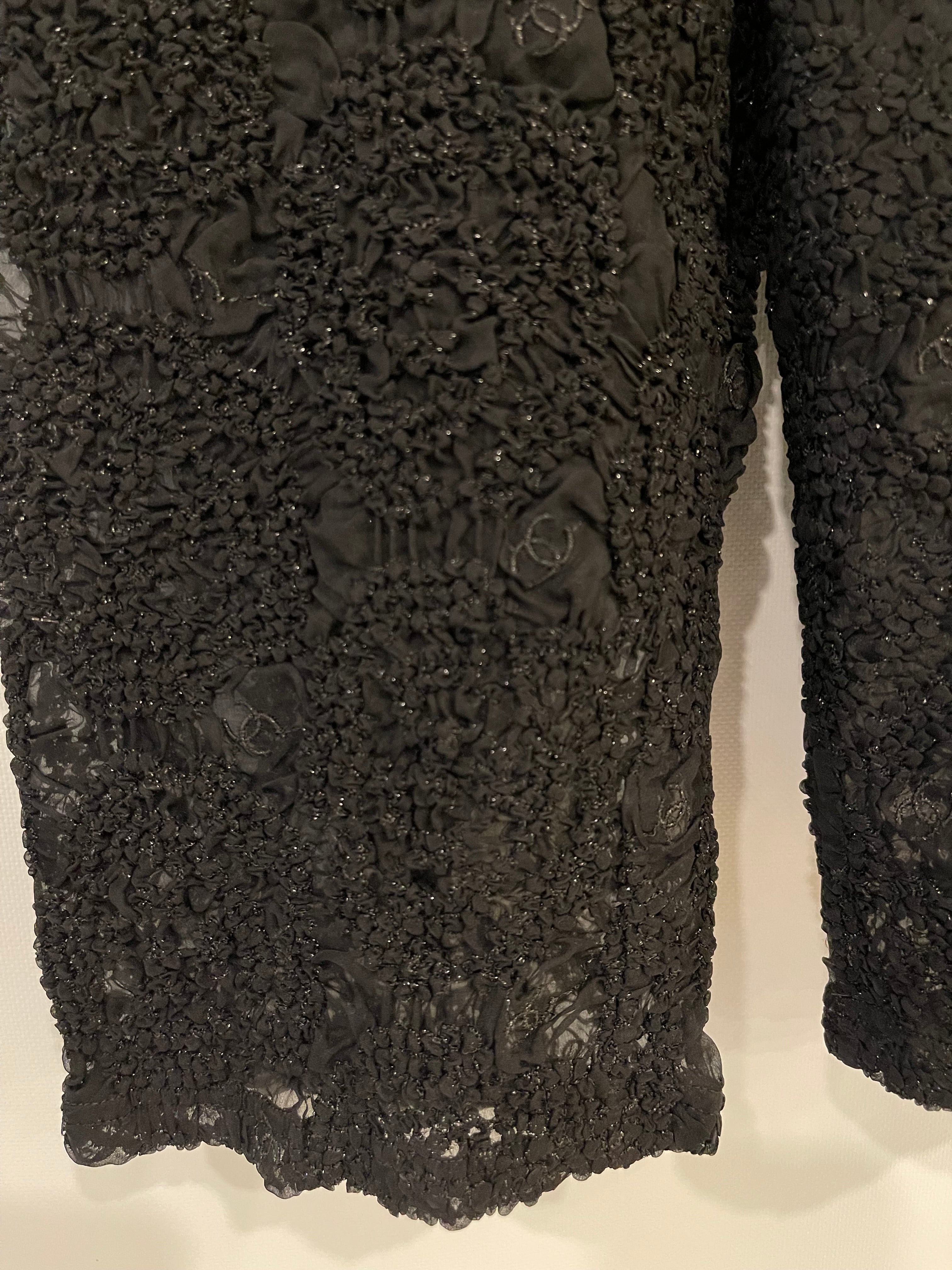 Chanel Black Lace Tulle Top and Cyclist Shorts Set with Camellia Details and Crystal CC Logos Size FR 34 (UK 6)