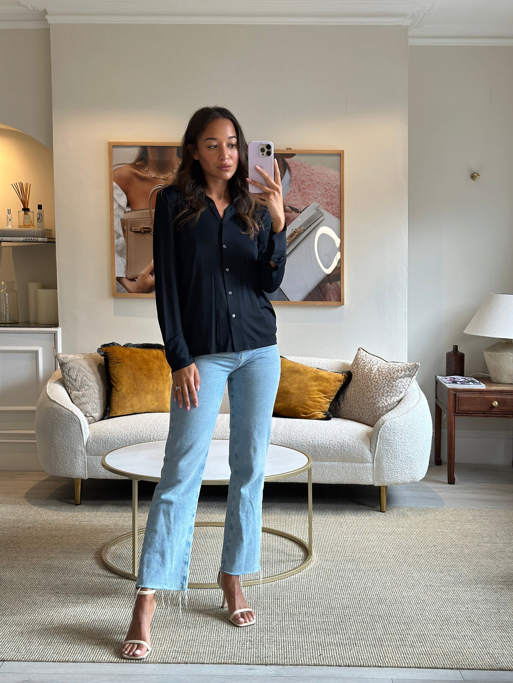 Gucci Navy Long Sleeve Stretch Shirt with Pearl Button Details IT 42 (UK 10)