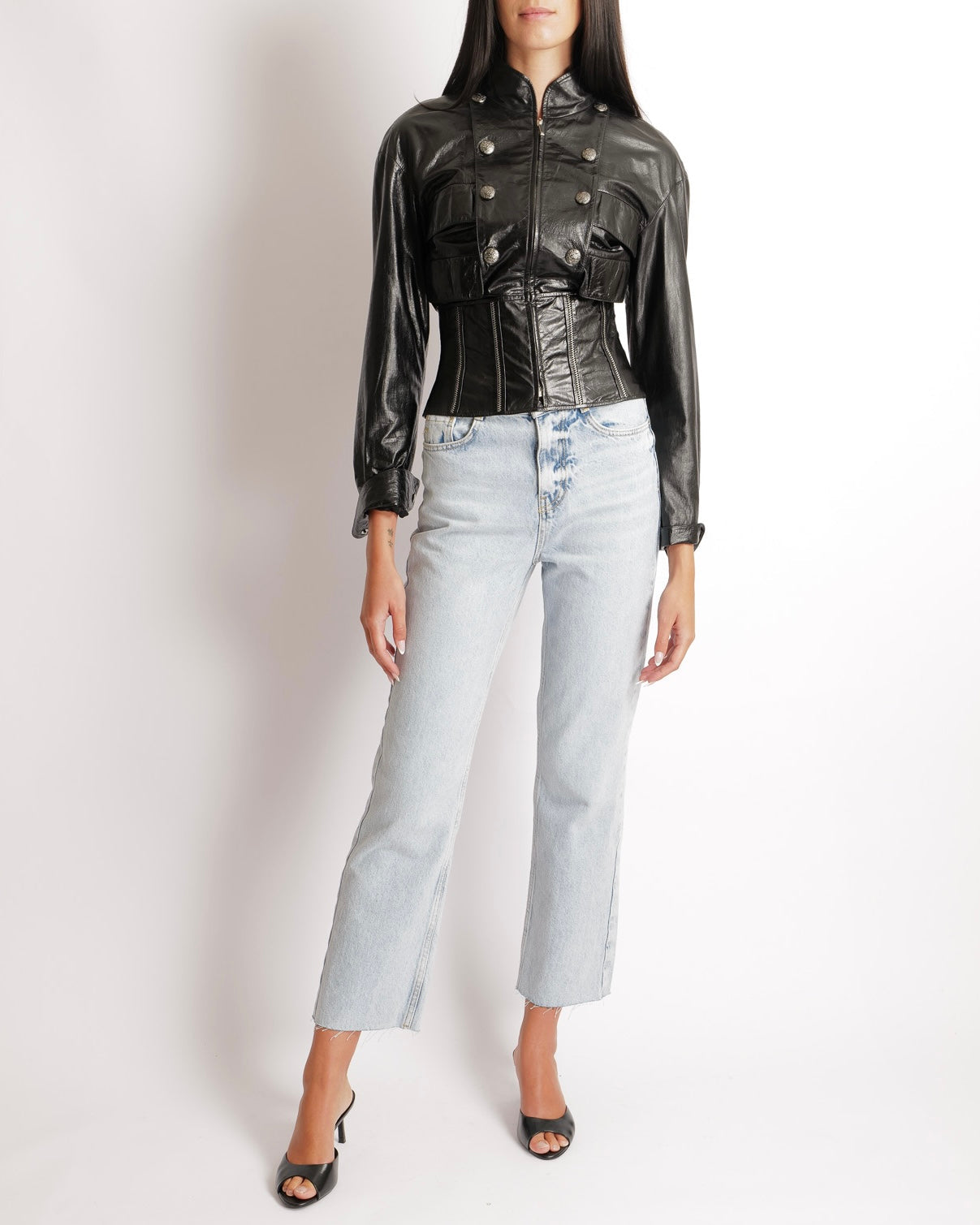 Chanel Fall 2014 Black Corseted Leather Jacket with Silver Zippers Stitch Details and Silver Textured CC Logo Buttons Size FR 36 (UK 8)
