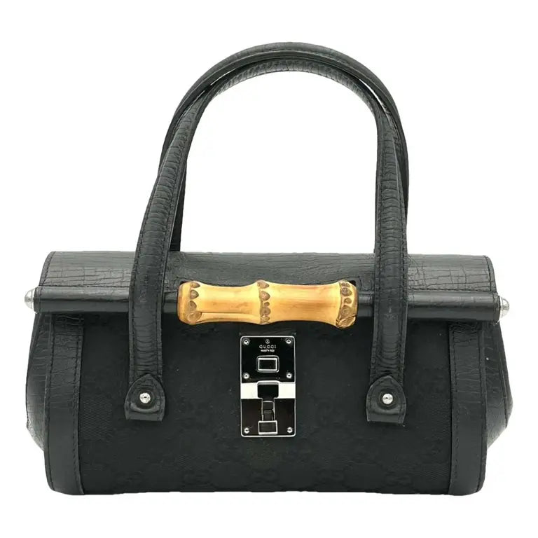 GUCCI SMALL GG MONOGRAM CALFSKIN LEATHER CANVAS BAMBOO BULLET BAG