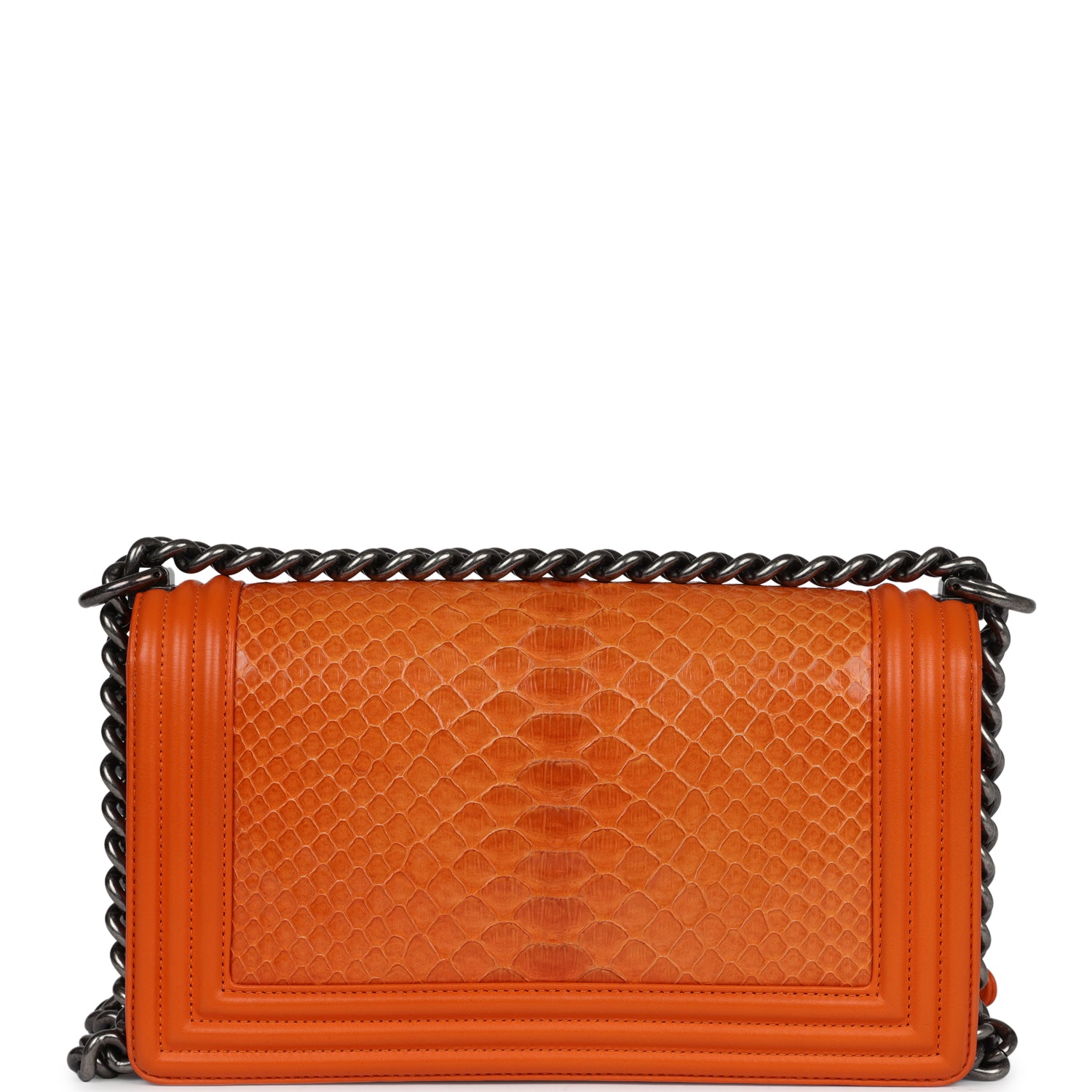 Pre-owned Chanel Medium Boy Bag Orange Python Aged Ruthenium Hardware