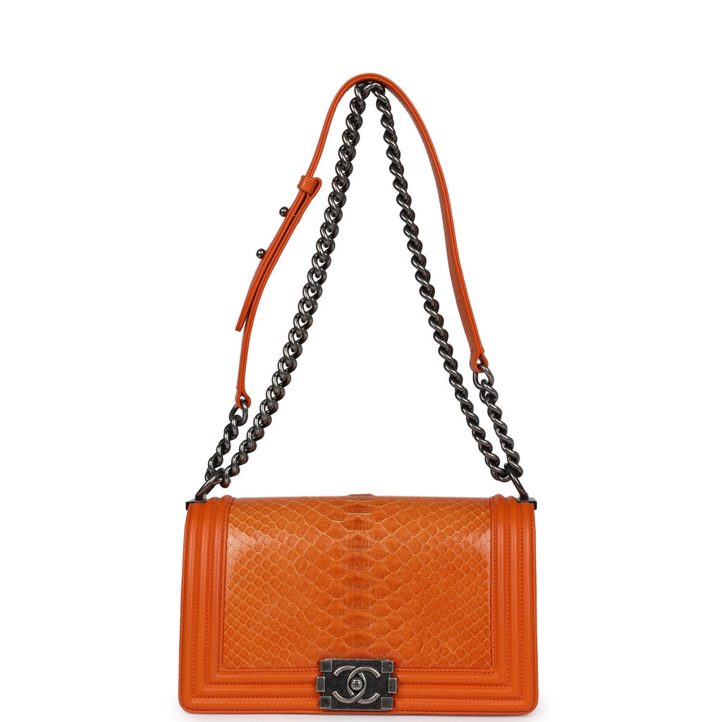 Pre-owned Chanel Medium Boy Bag Orange Python Aged Ruthenium Hardware