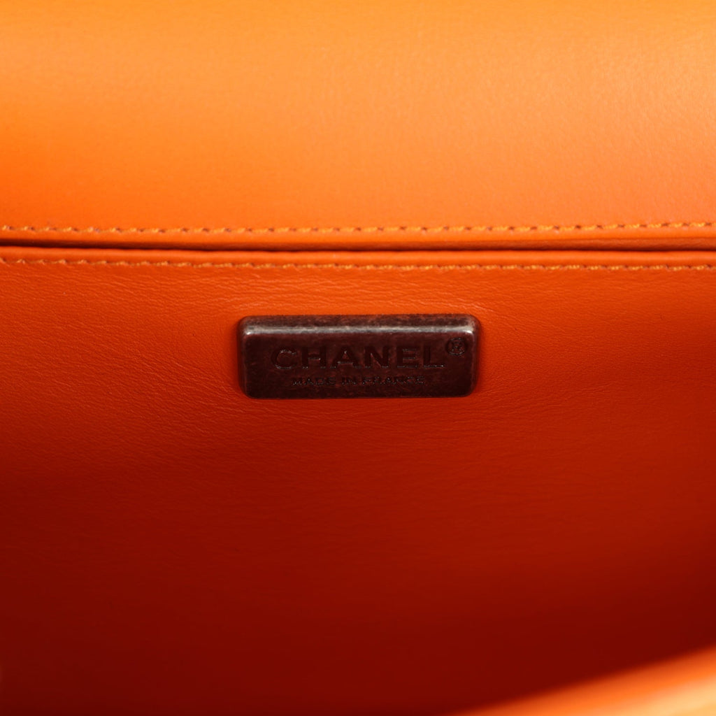 Pre-owned Chanel Medium Boy Bag Orange Python Aged Ruthenium Hardware